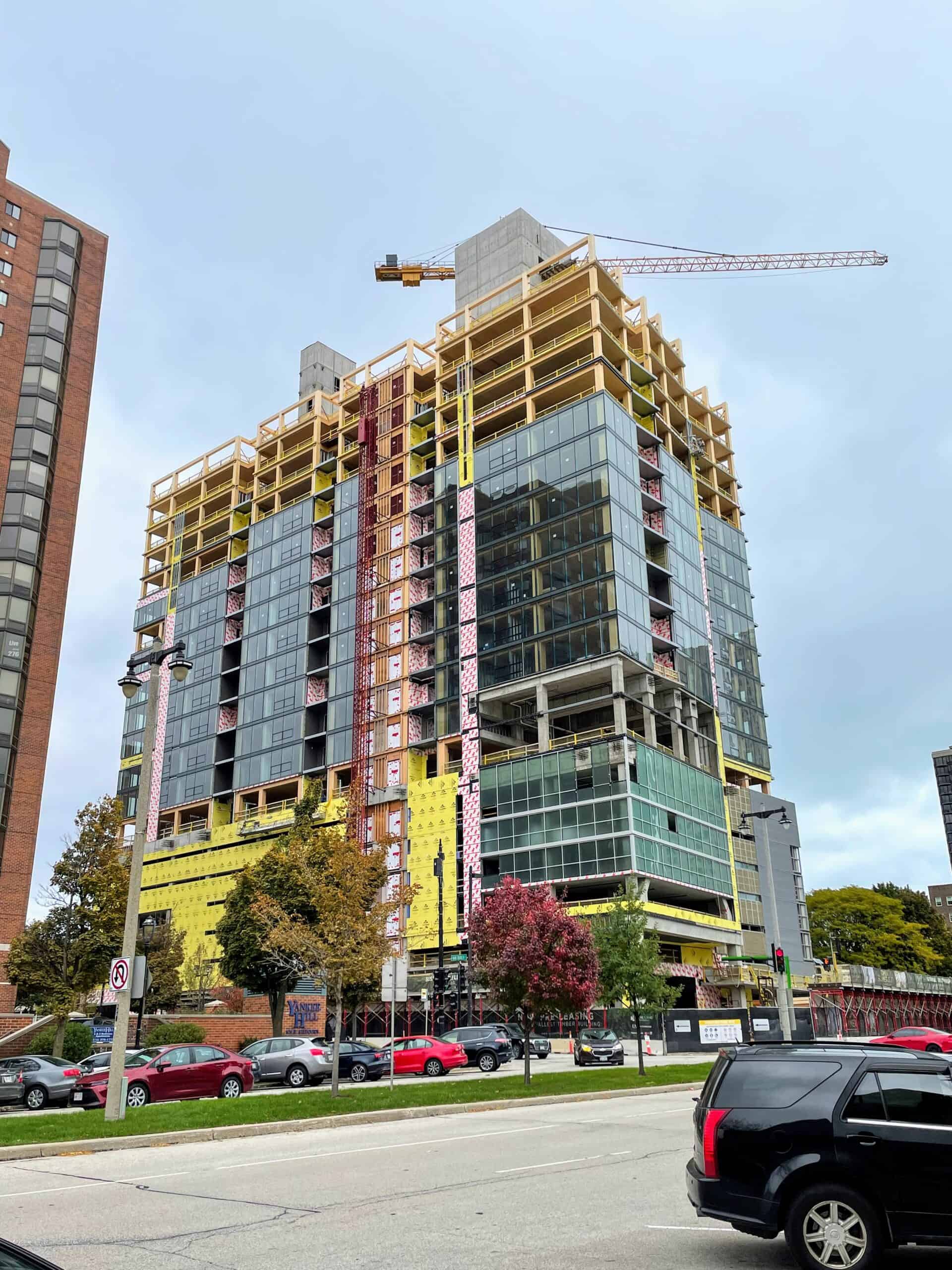 Ascent MKE mass timber residential tower under construction
