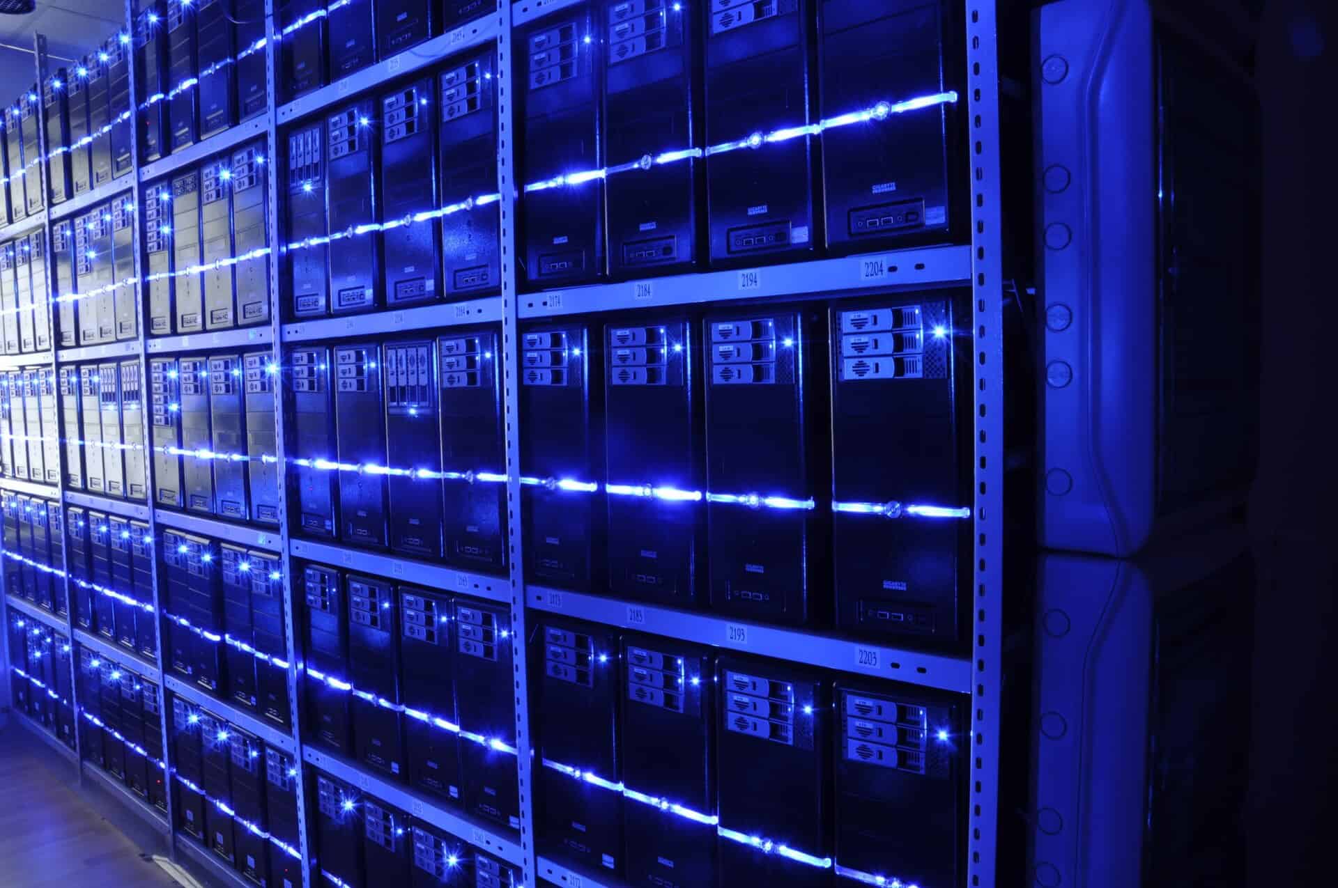 Rows of server racks inside a data center