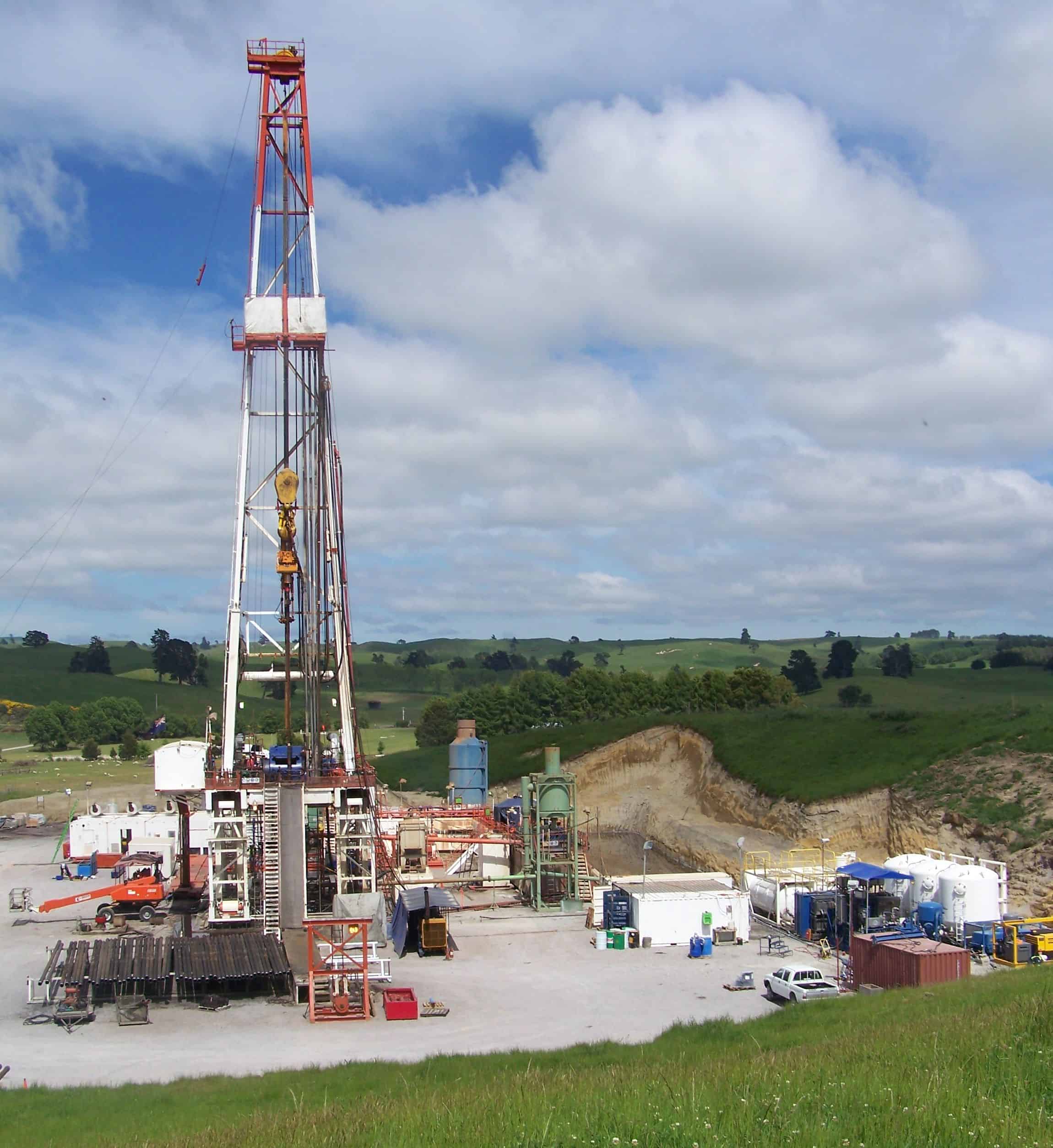 A geothermal drilling rig on site