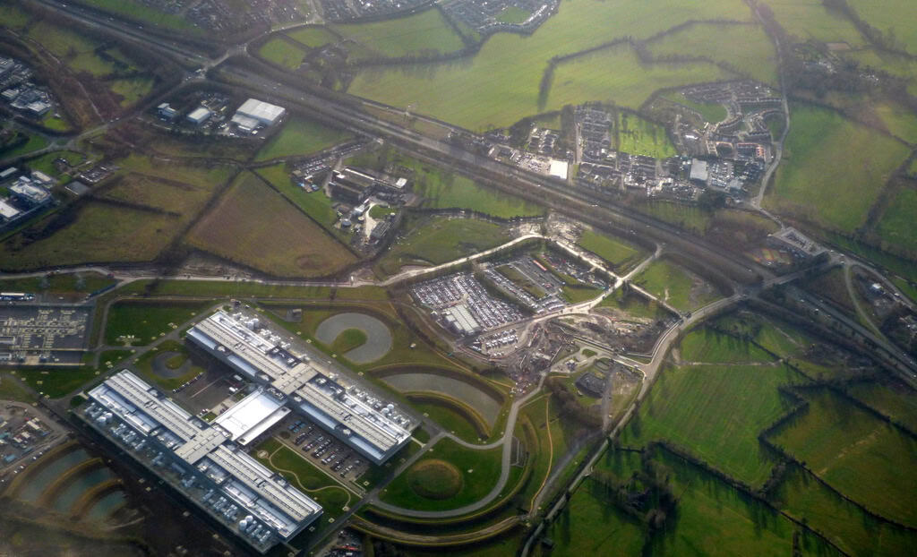 Aerial view of a Meta data center campus showing the hyperscale building footprint