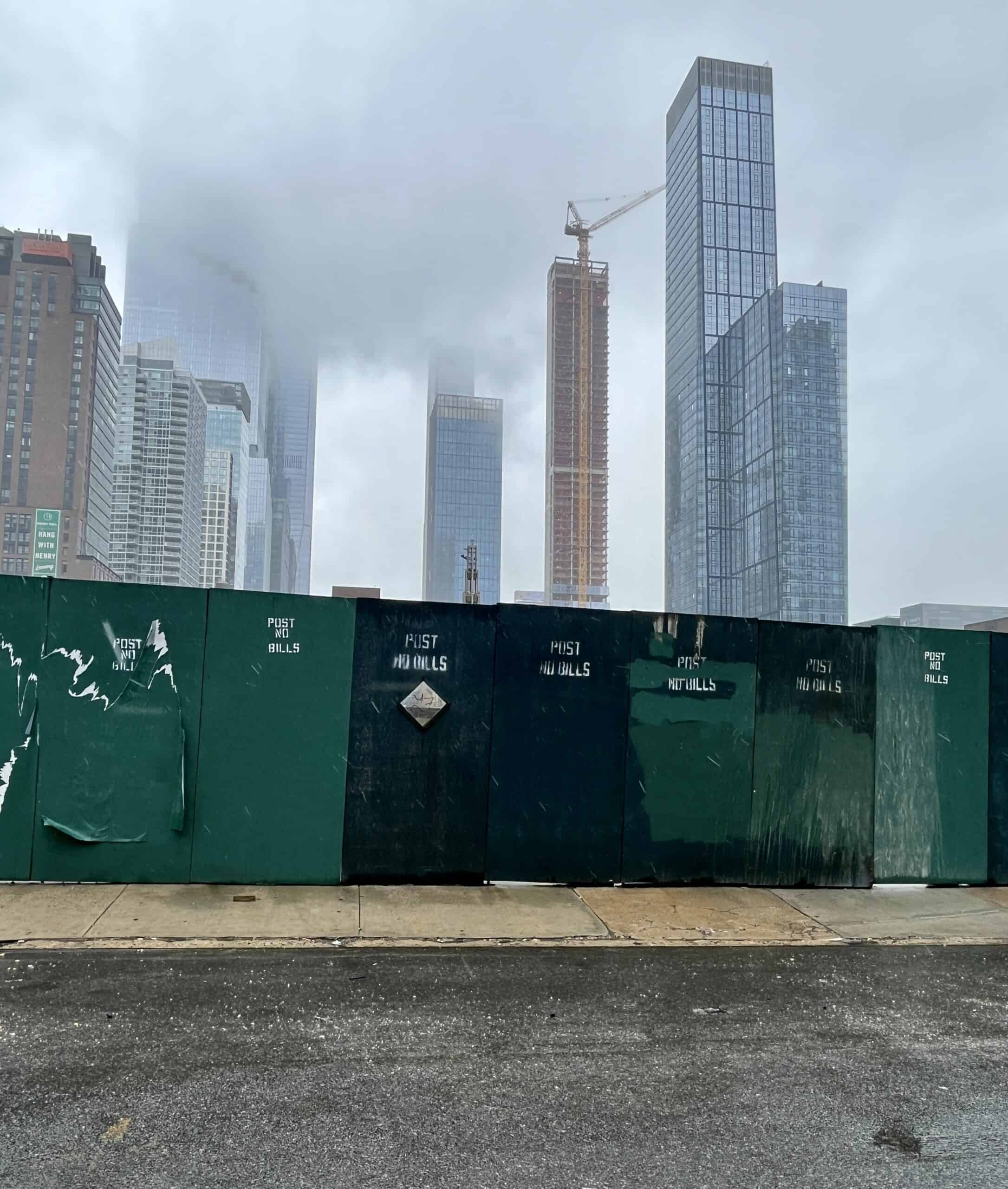Tower cranes over a construction site near West 40th Street in New York City