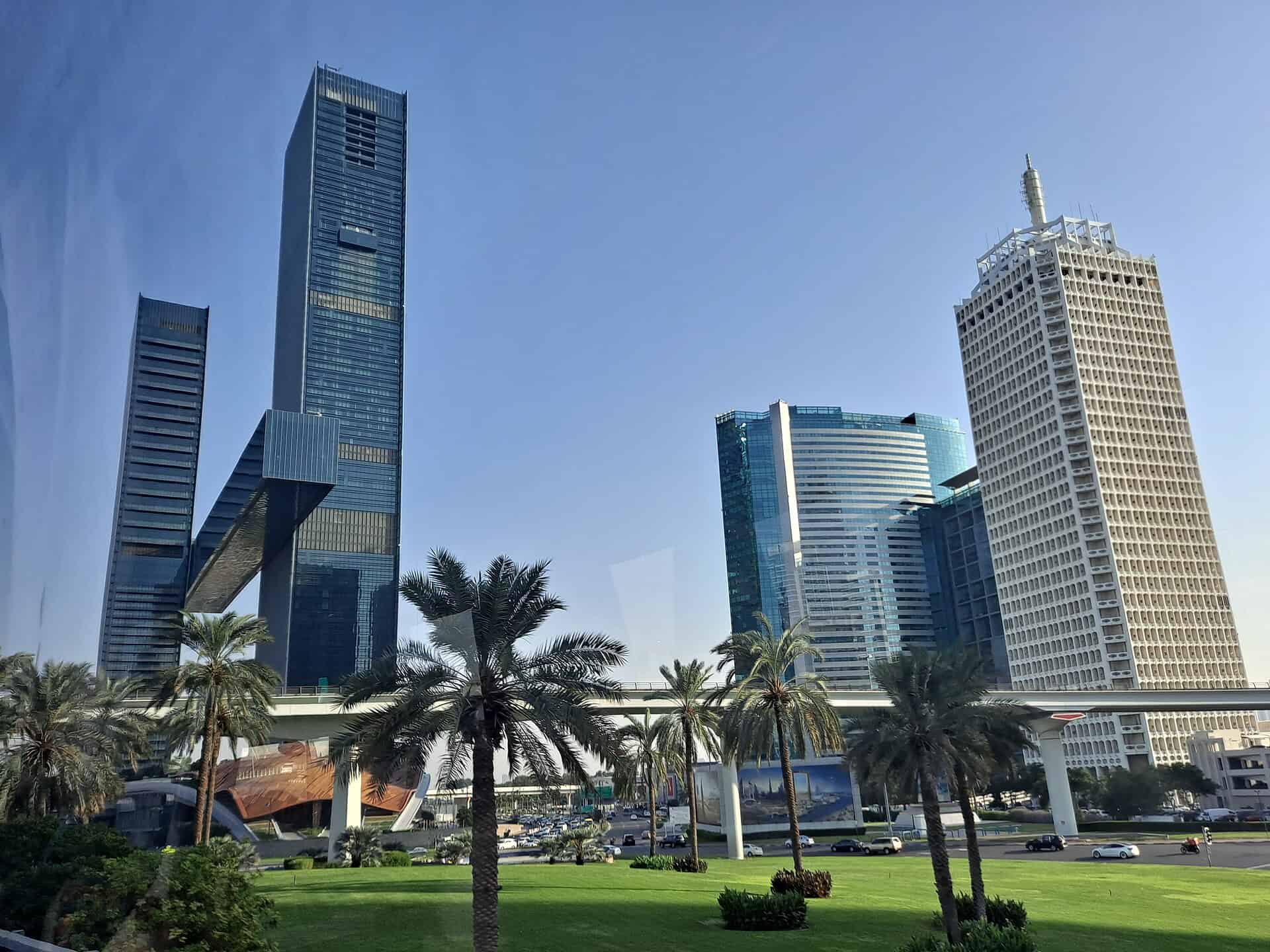 The two One Za'abeel towers joined by The Link sky bridge on Dubai's Sheikh Zayed Road.