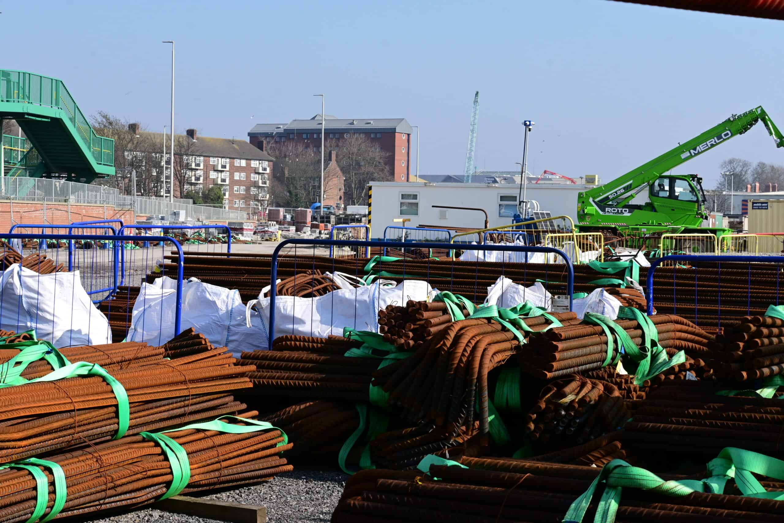 Stacks of rebar at a modern construction site