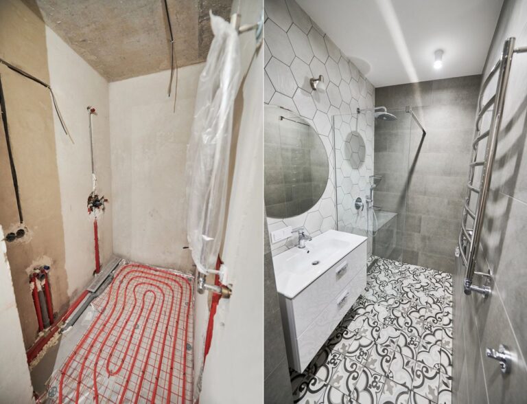 apartment bathroom before and after restoration. comparison of old room with underfloor heating pipes and new renovated restroom with sink 768x588