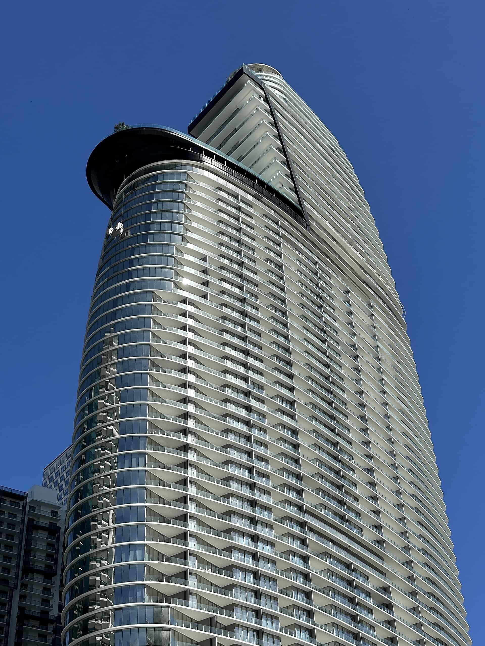 Aston Martin Residences sail-shaped tower on the Miami skyline in November 2024