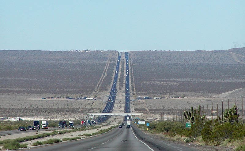 Interstate 15 through Shadow Valley in the Mojave Desert, the corridor carrying the Brightline West high-speed rail alignment