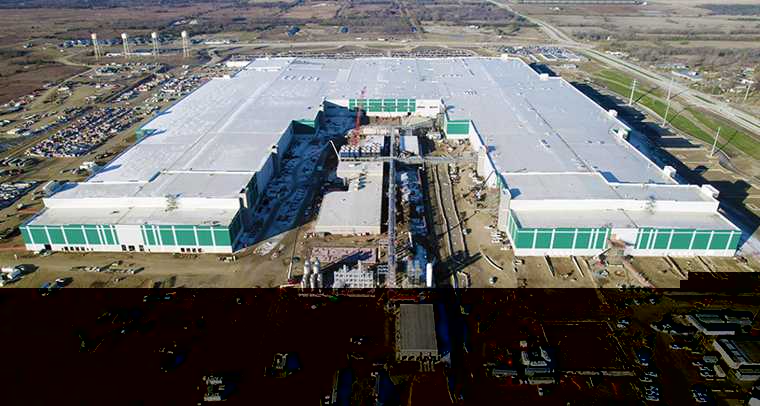 Overhead view of Panasonic Energy's EV battery factory in De Soto, Kansas