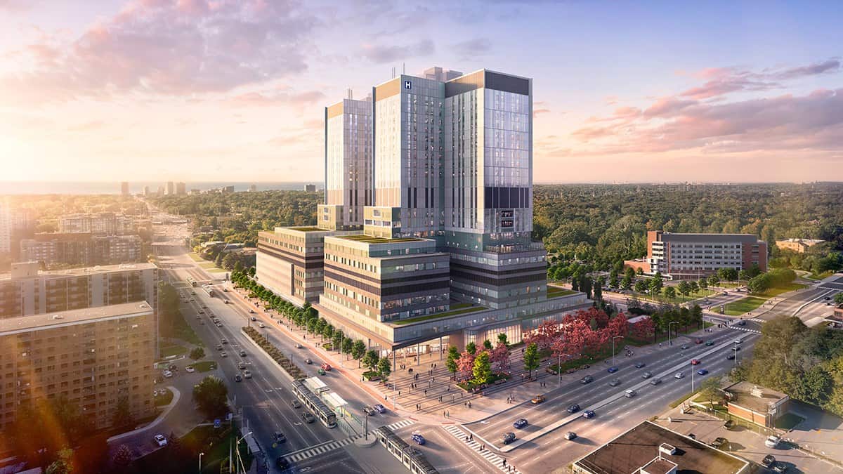 Architectural rendering of The Peter Gilgan Mississauga Hospital, a 22-storey replacement hospital in Mississauga, Ontario