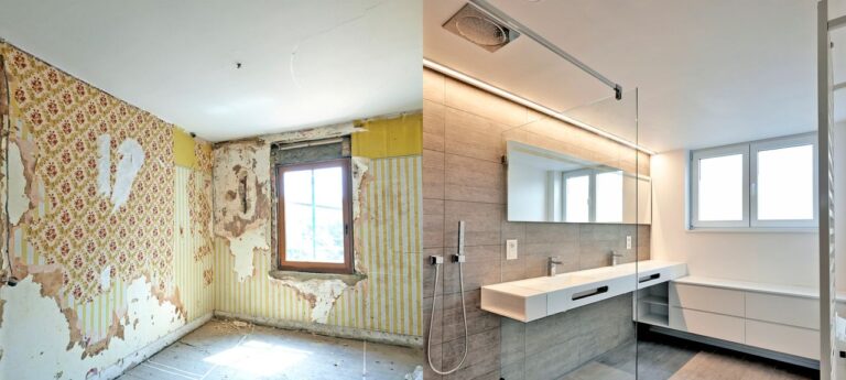 renovation of a bathroom before and after in horizontal format 768x345