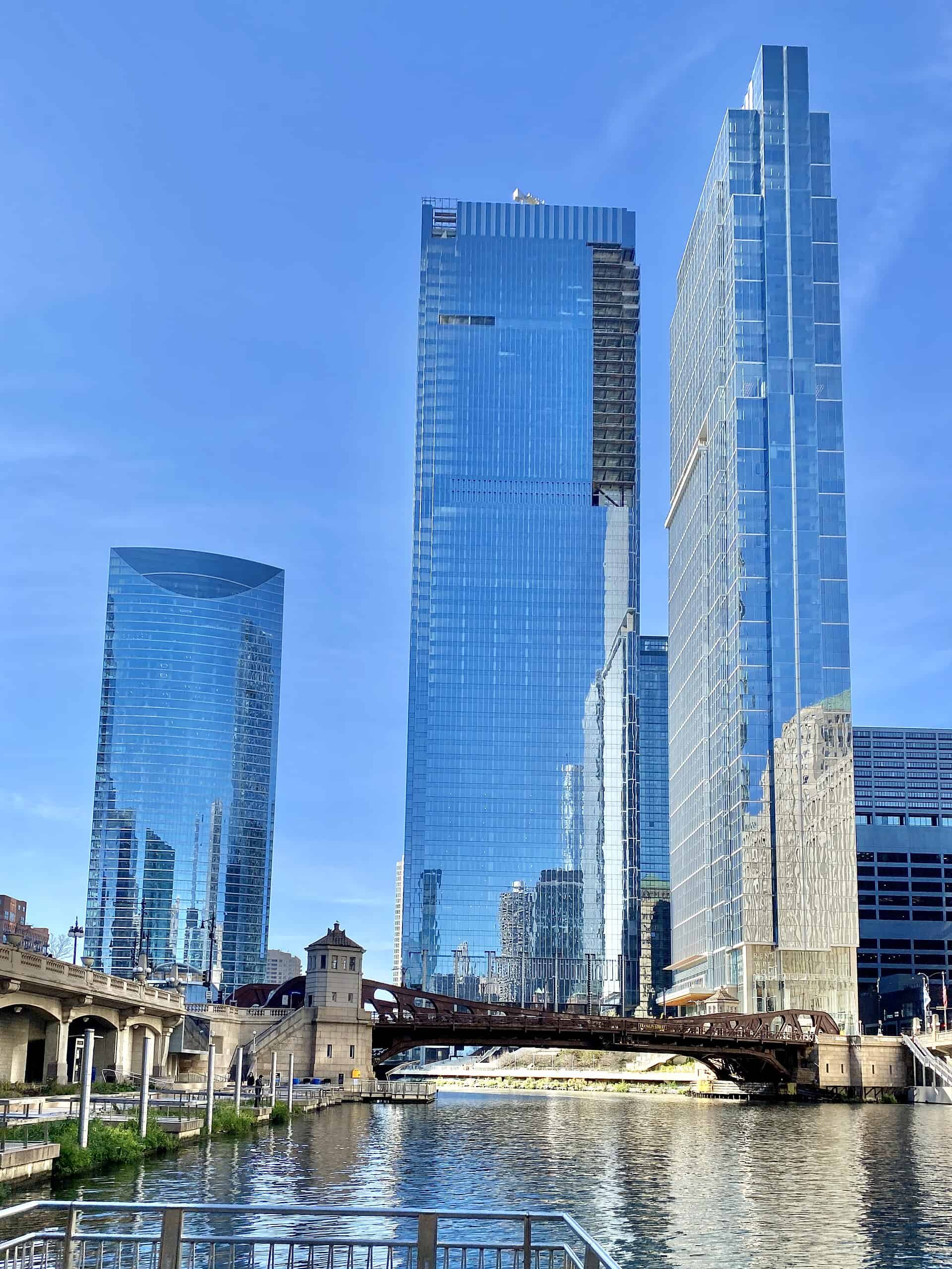 Salesforce Tower Chicago rising over Wolf Point at the fork of the Chicago River