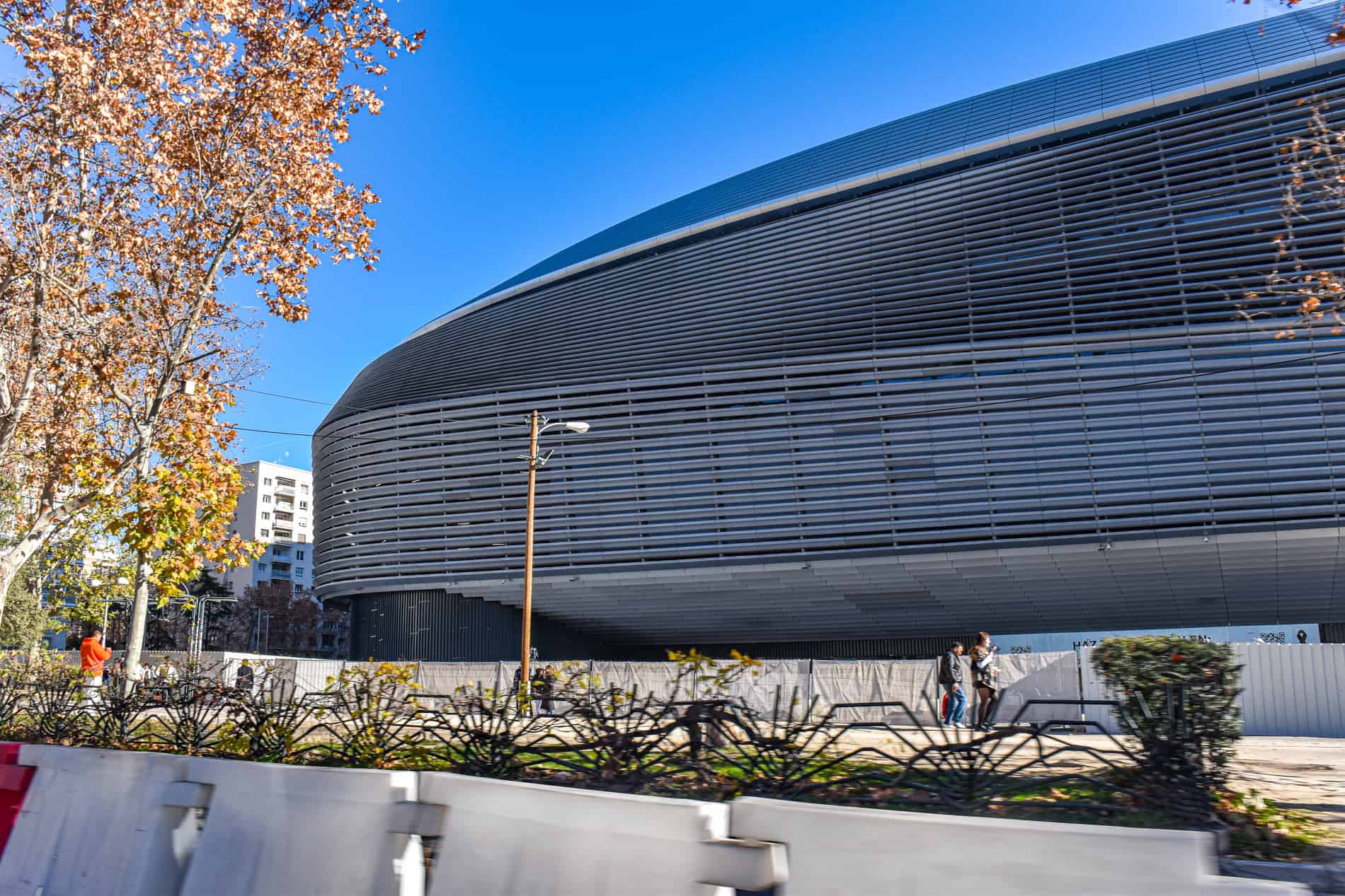 The renovated Santiago Bernabeu Stadium with its steel lattice facade, Madrid