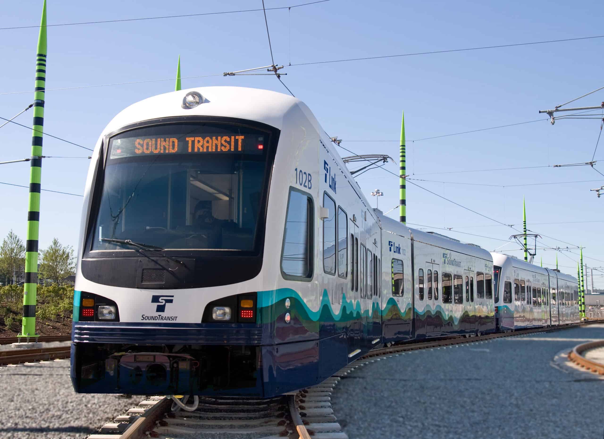 A Sound Transit Link light rail train at a maintenance facility near Seattle