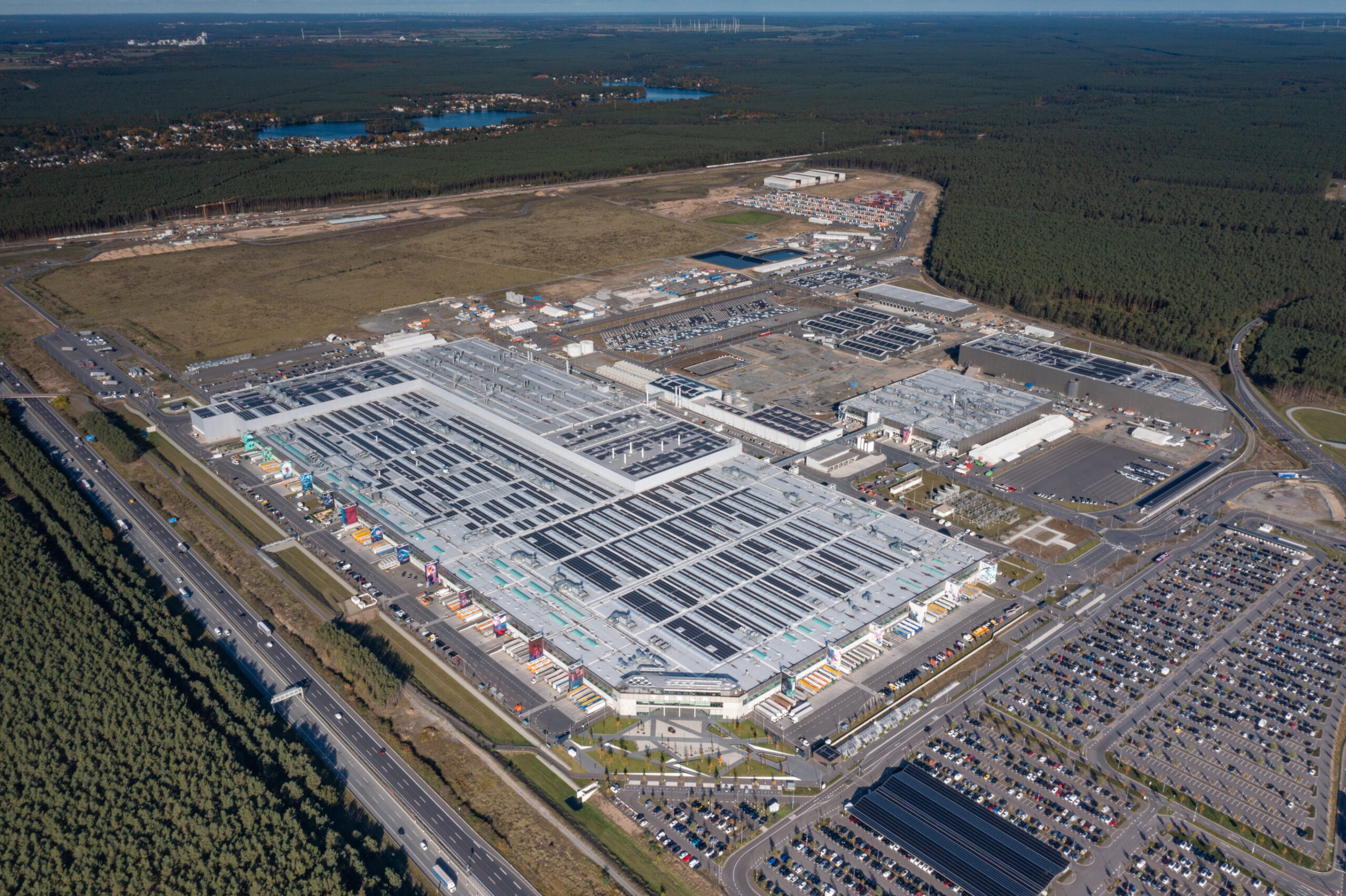 Aerial view of Tesla Gigafactory Berlin-Brandenburg in Gruenheide, Germany