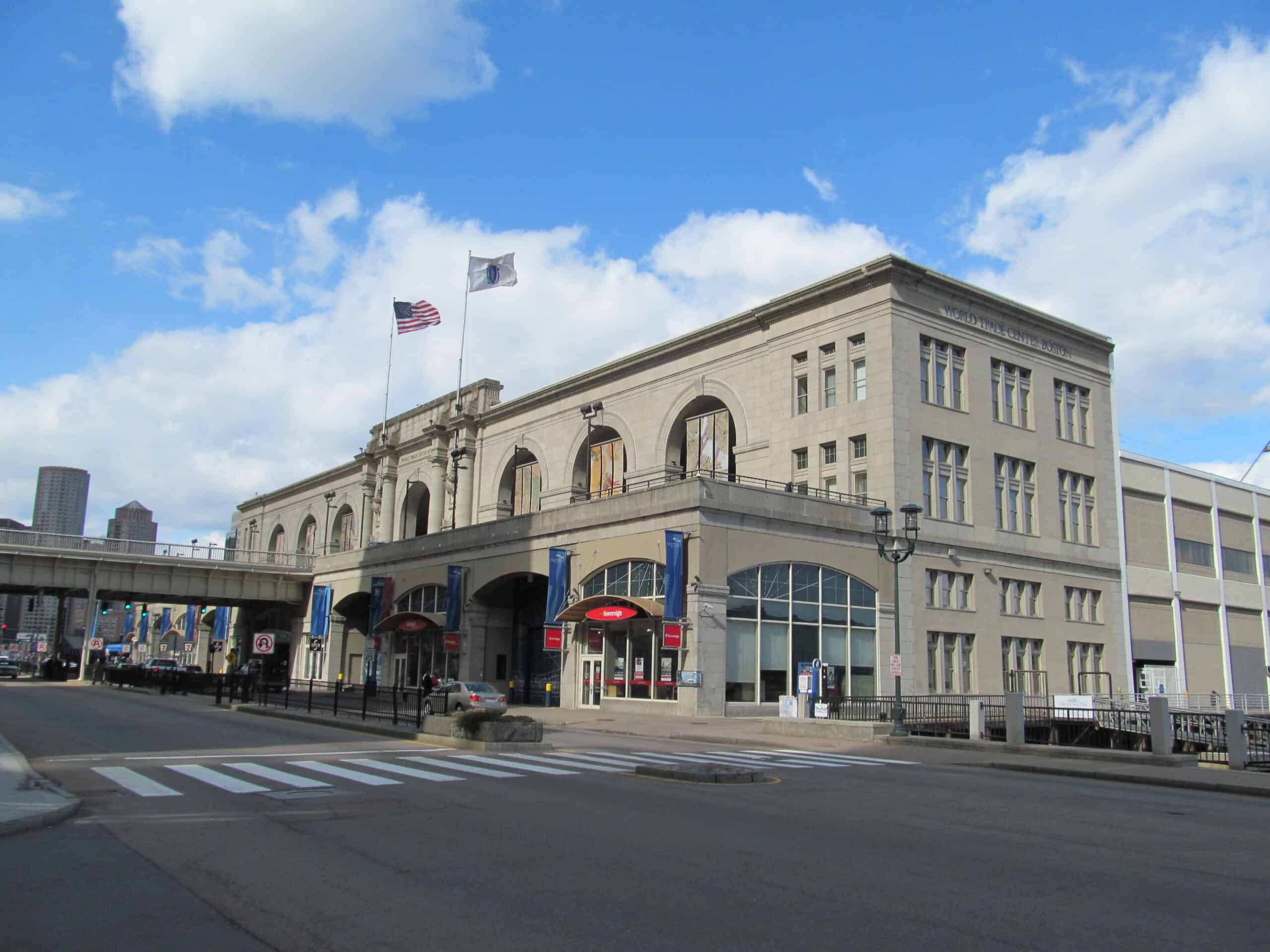 Commonwealth Pier and the former Seaport World Trade Center on Boston Harbor