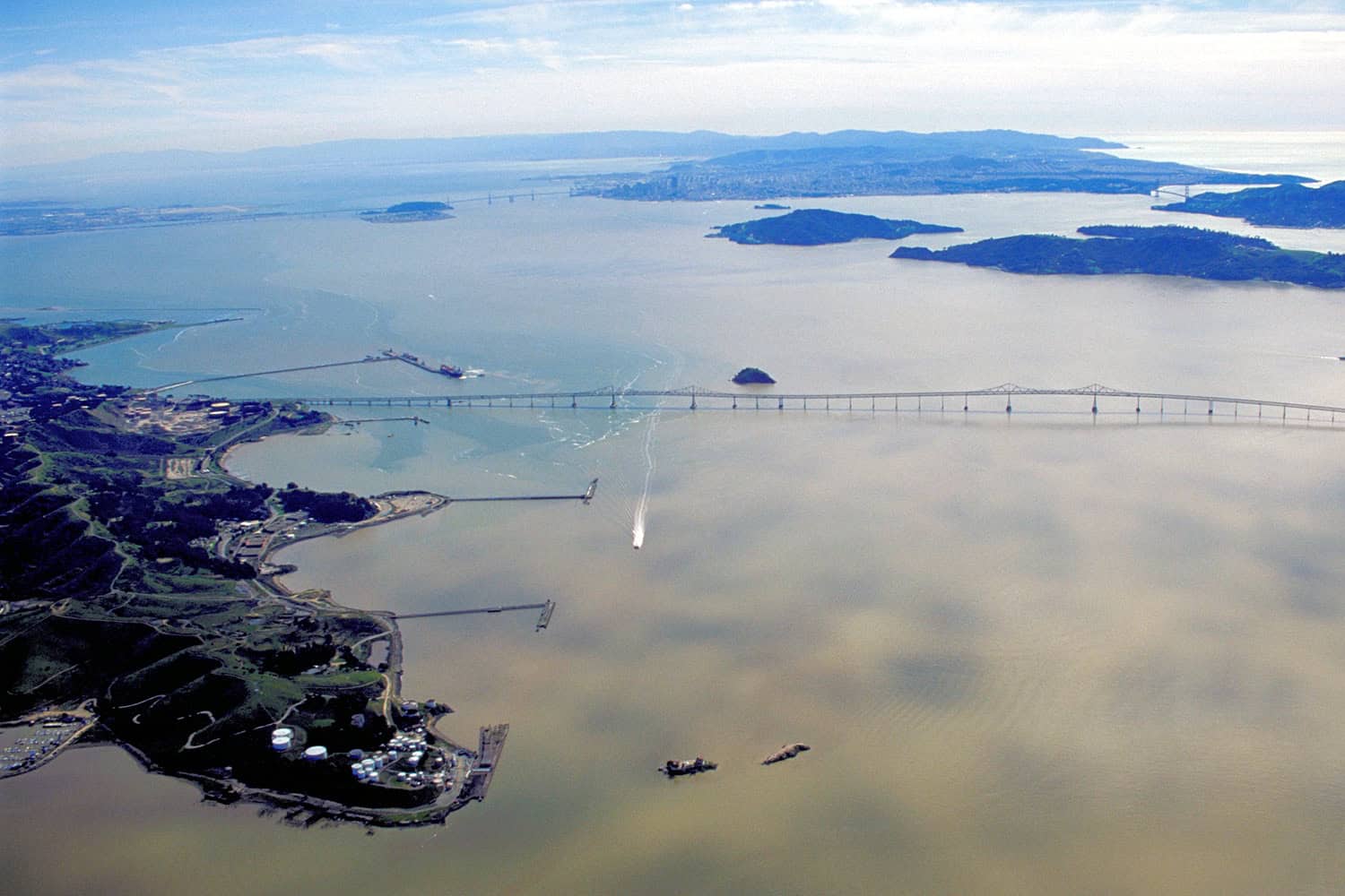 Aerial view of the double-deck Richmond-San Rafael Bridge crossing San Pablo Bay