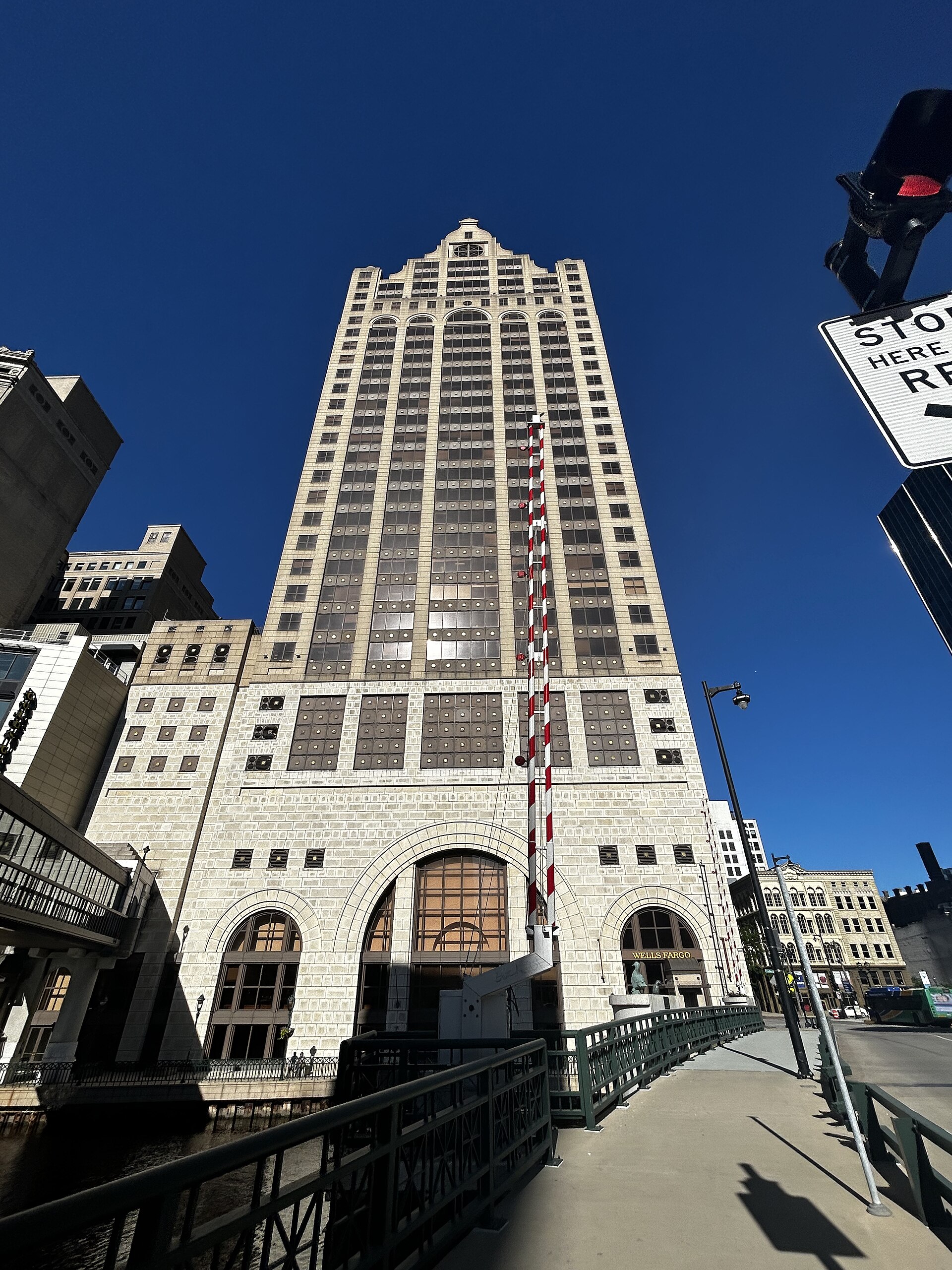 The 100 East Wisconsin Avenue tower on the Milwaukee River in downtown Milwaukee