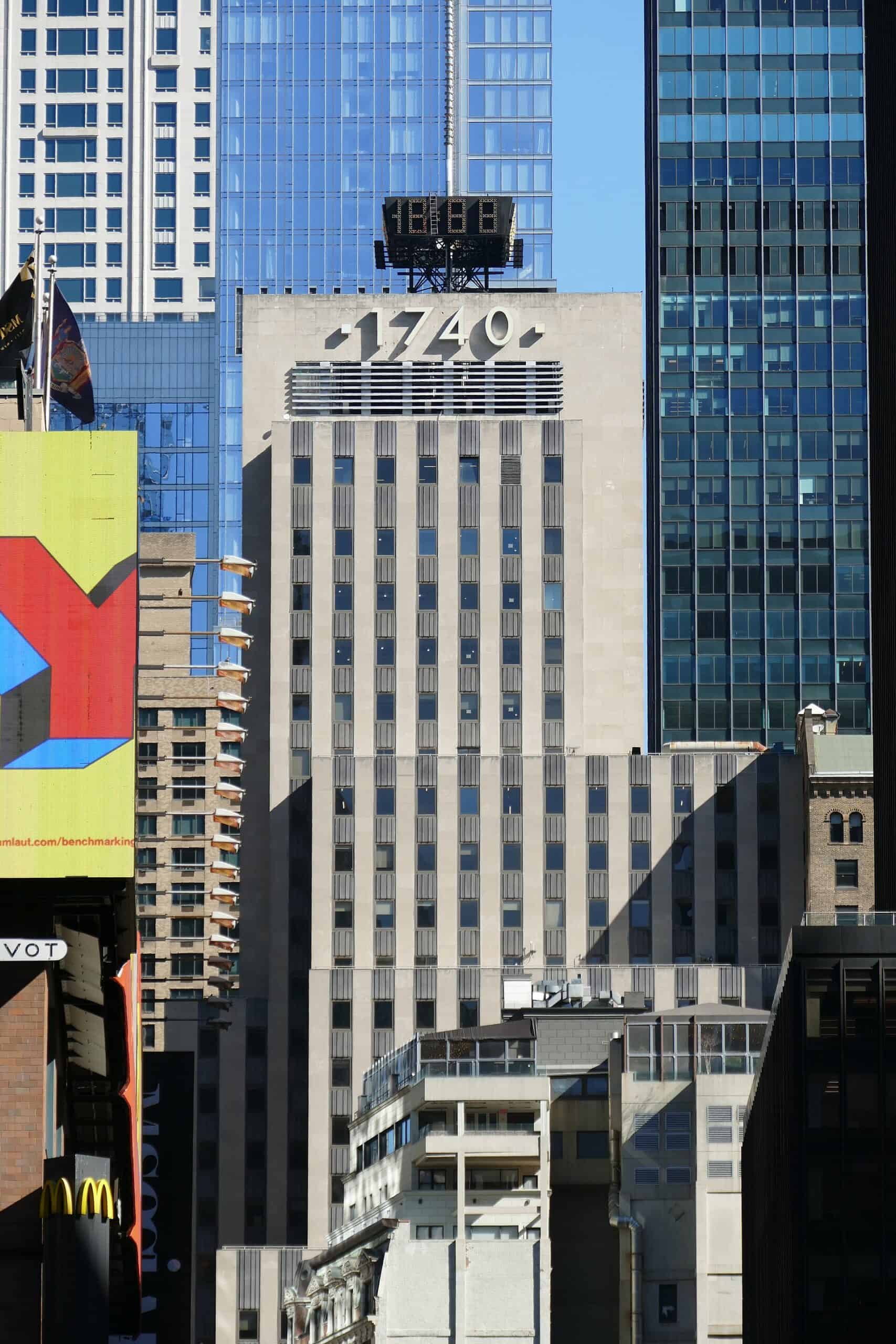 1740 Broadway, the former MONY Building, rising above West 56th Street in Midtown Manhattan