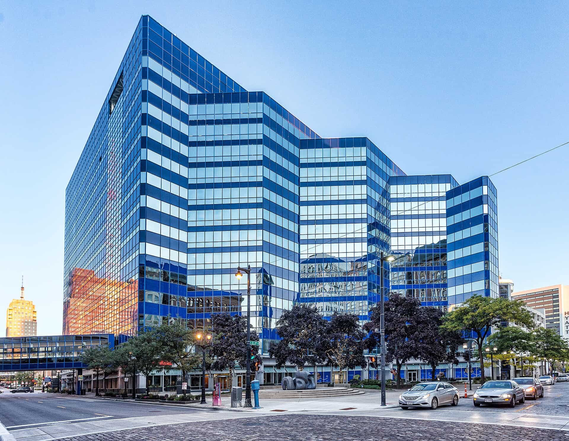 Blue glass towers of 310W, formerly Reuss Federal Plaza, on West Wisconsin Avenue in Milwaukee