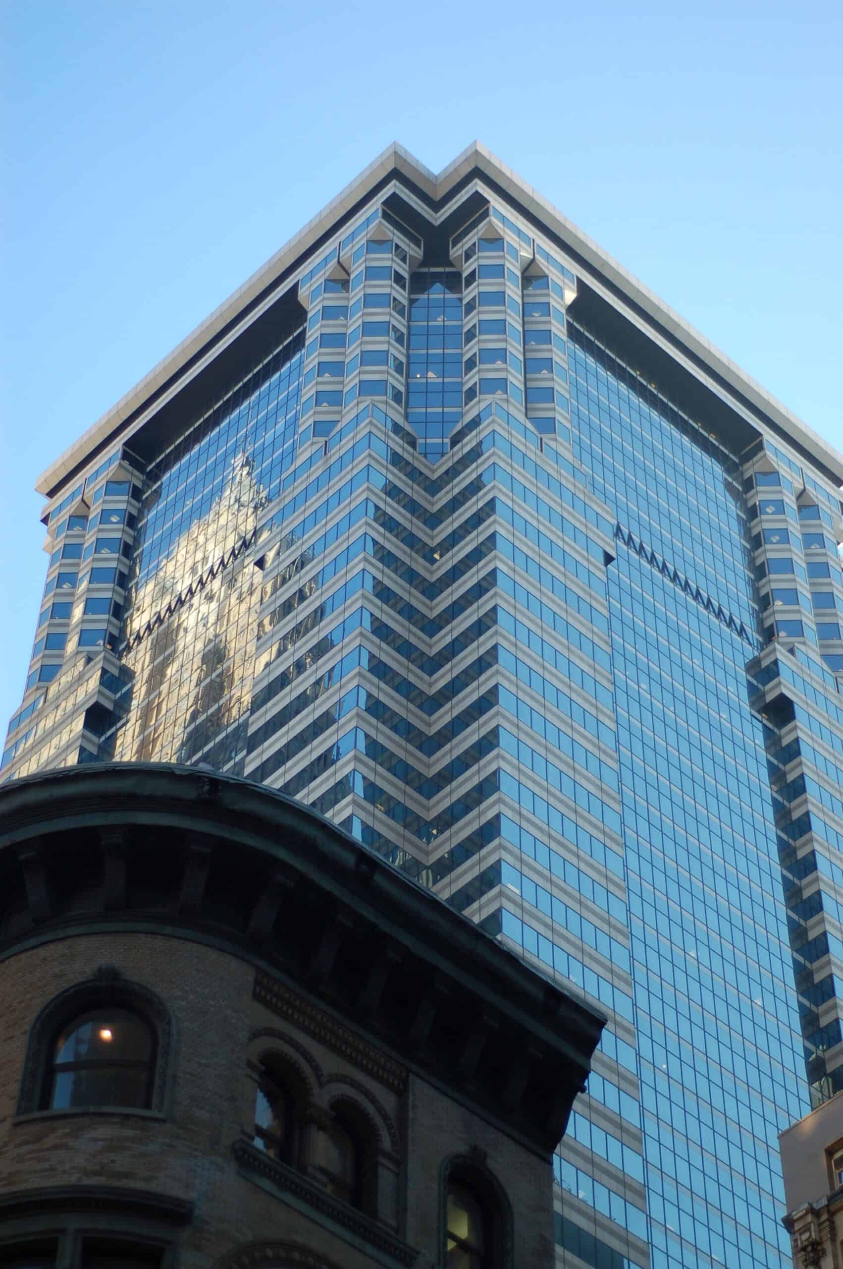 The 60 Wall Street tower rising above its neighbours in the Financial District of Manhattan