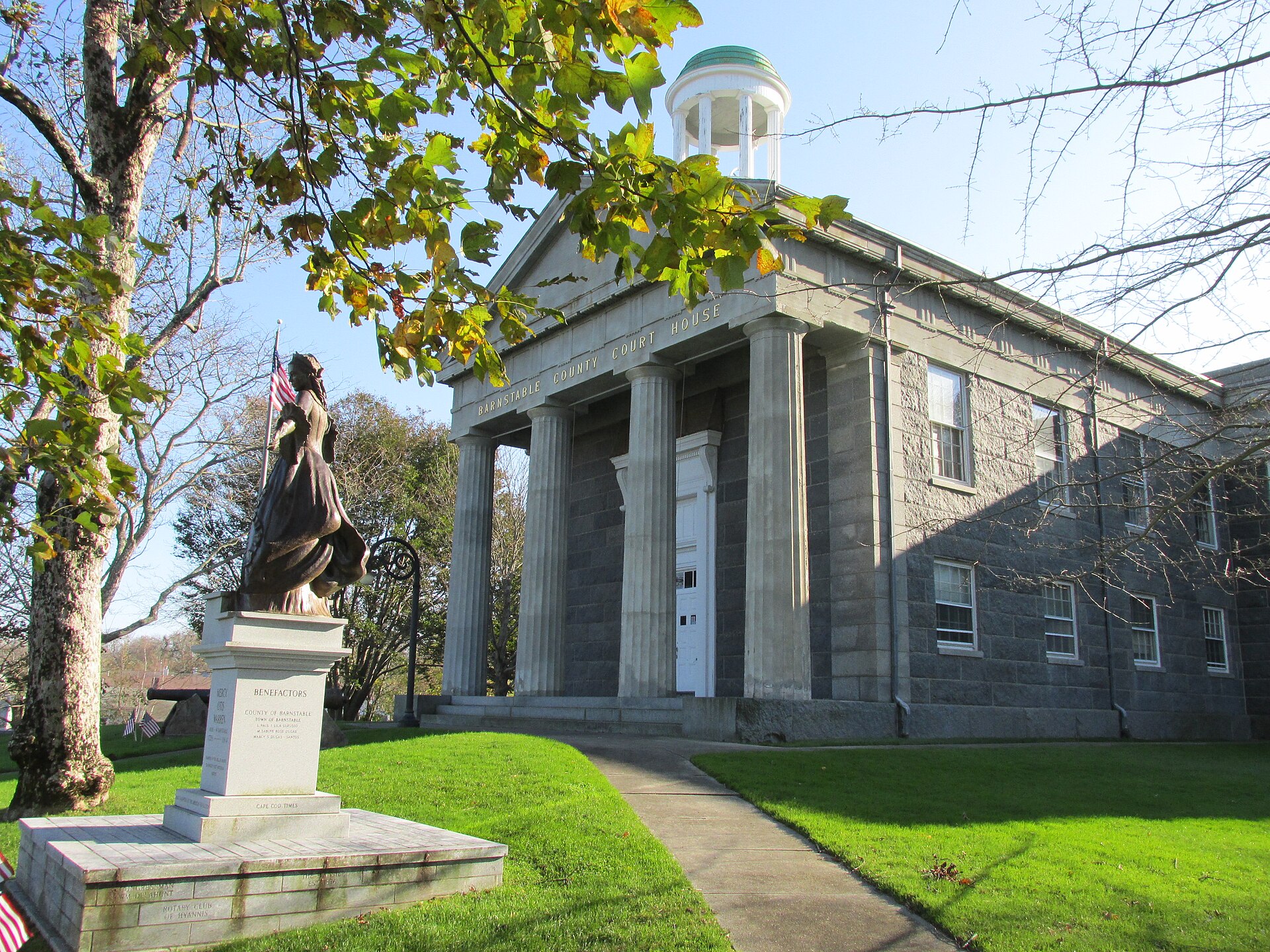 Projects Granite Greek Revival facade and columns of the Barnstable County Courthouse in Barnstable, Massachusetts