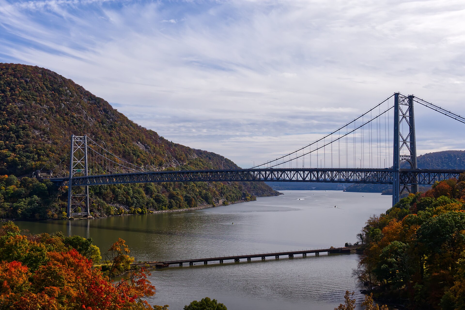 The Bear Mountain Bridge suspension span crossing the Hudson River in autumn