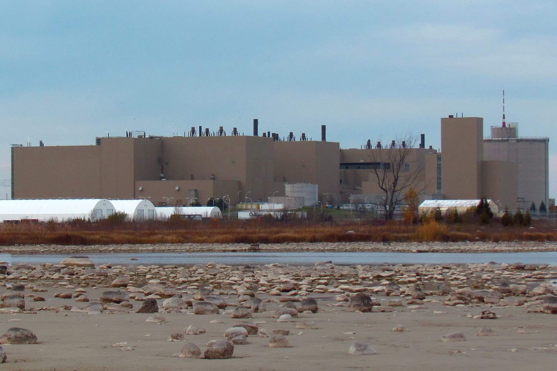 Reactor buildings at the Bruce Nuclear Generating Station on the Lake Huron shore at Tiverton, Ontario