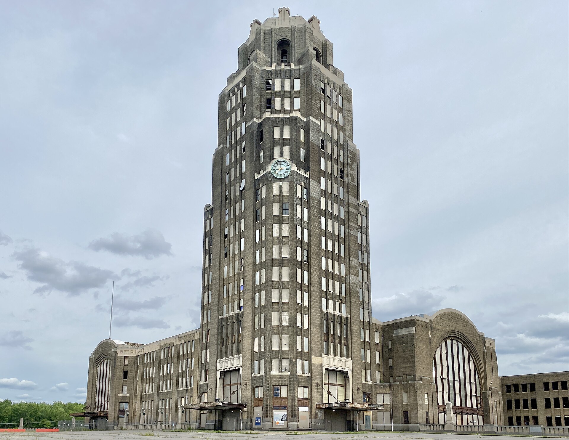 The Art Deco tower and concourse of Buffalo Central Terminal on Paderewski Drive in Buffalo, New York