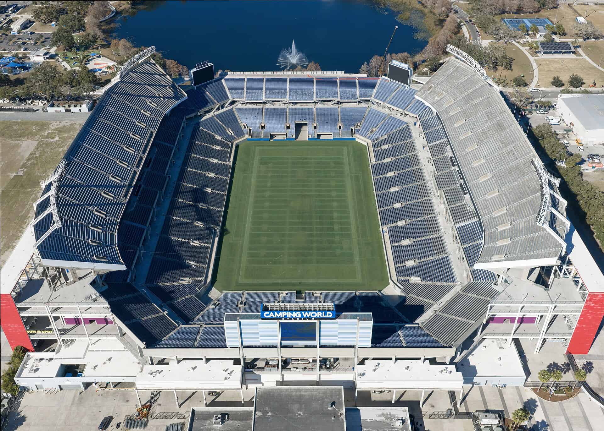 Aerial view of Camping World Stadium in Orlando showing the bowl, field and end zone seating