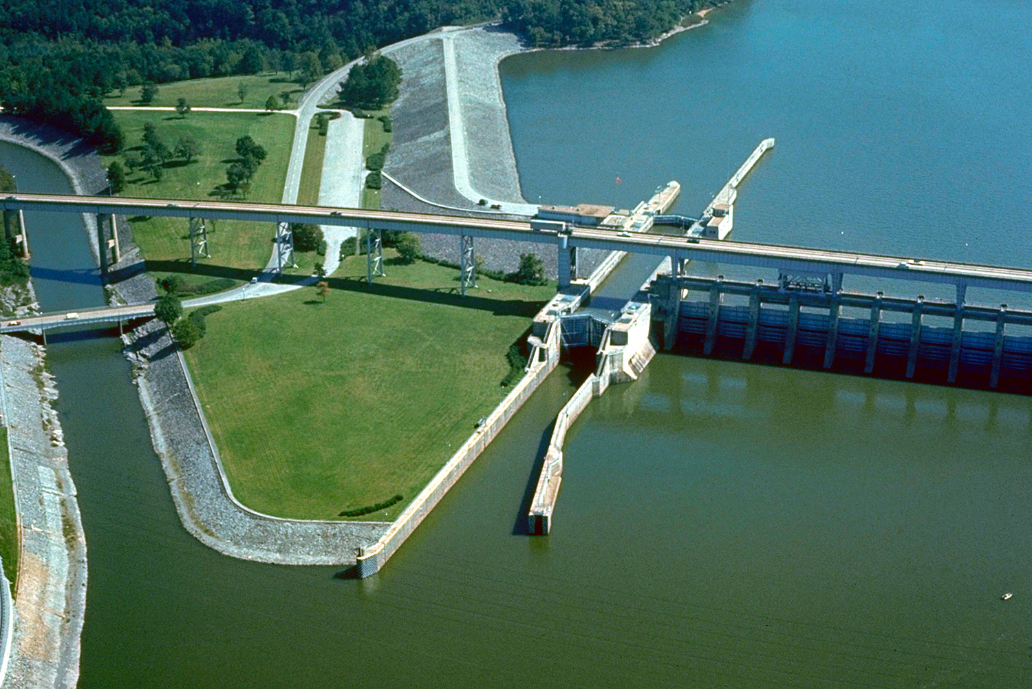 Aerial view of Chickamauga Lock and Dam on the Tennessee River at Chattanooga