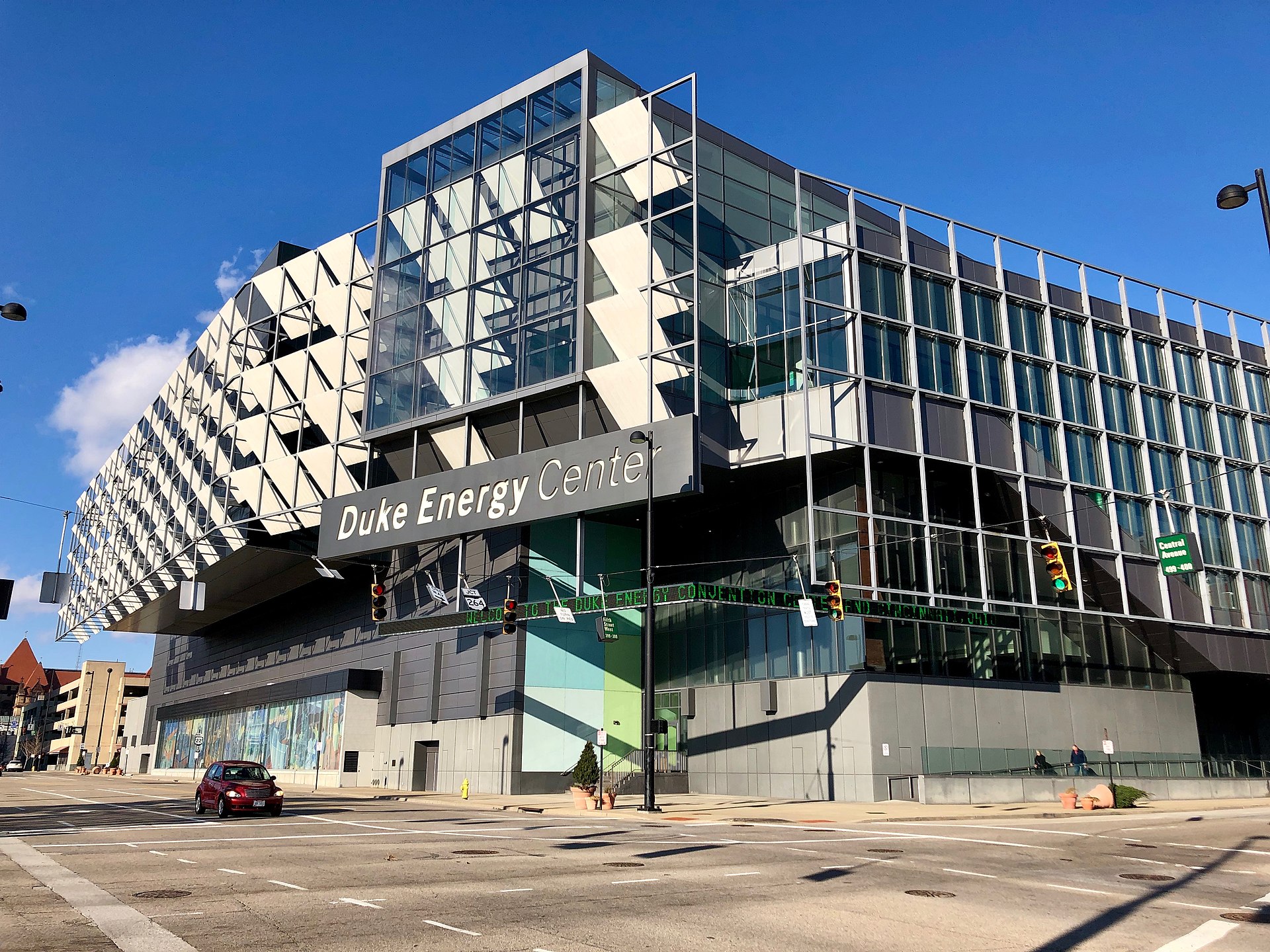 The Cincinnati convention center's angular glass expansion facade on Elm Street in downtown Cincinnati