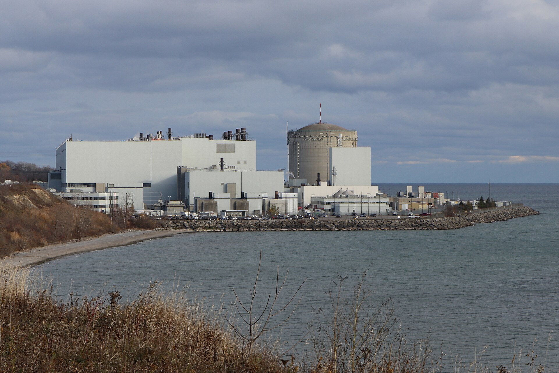 The Darlington Nuclear Generating Station reactor buildings on the Lake Ontario shoreline