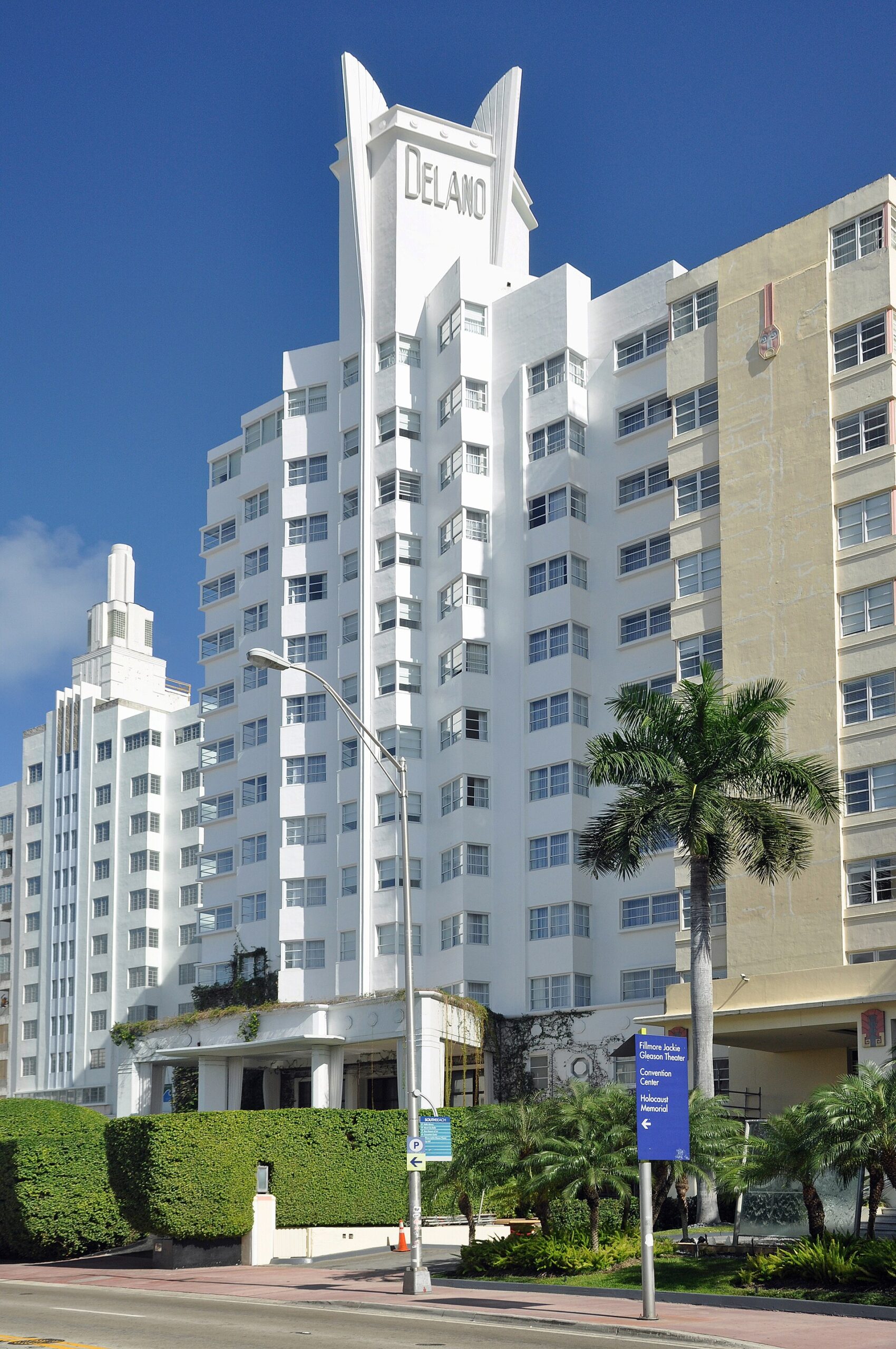 The Delano hotel tower with its stepped fins and roof sign on Collins Avenue, Miami Beach