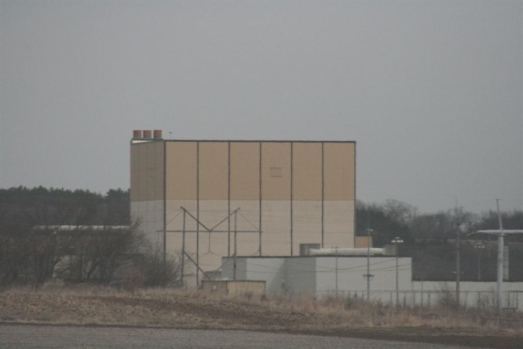 The reactor building and support structures of the Duane Arnold Energy Center near Palo, Iowa seen from a nearby road