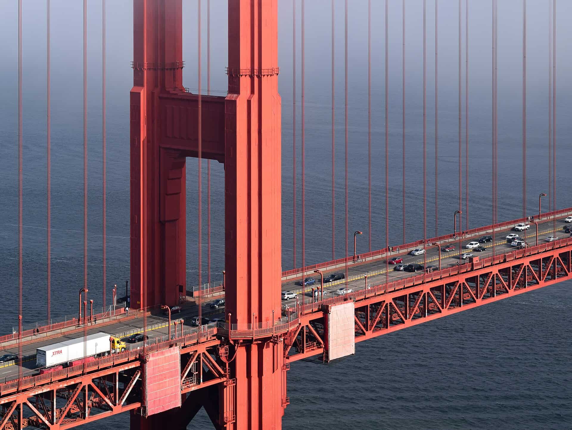 North tower of the Golden Gate Bridge with the roadway deck receding toward Marin