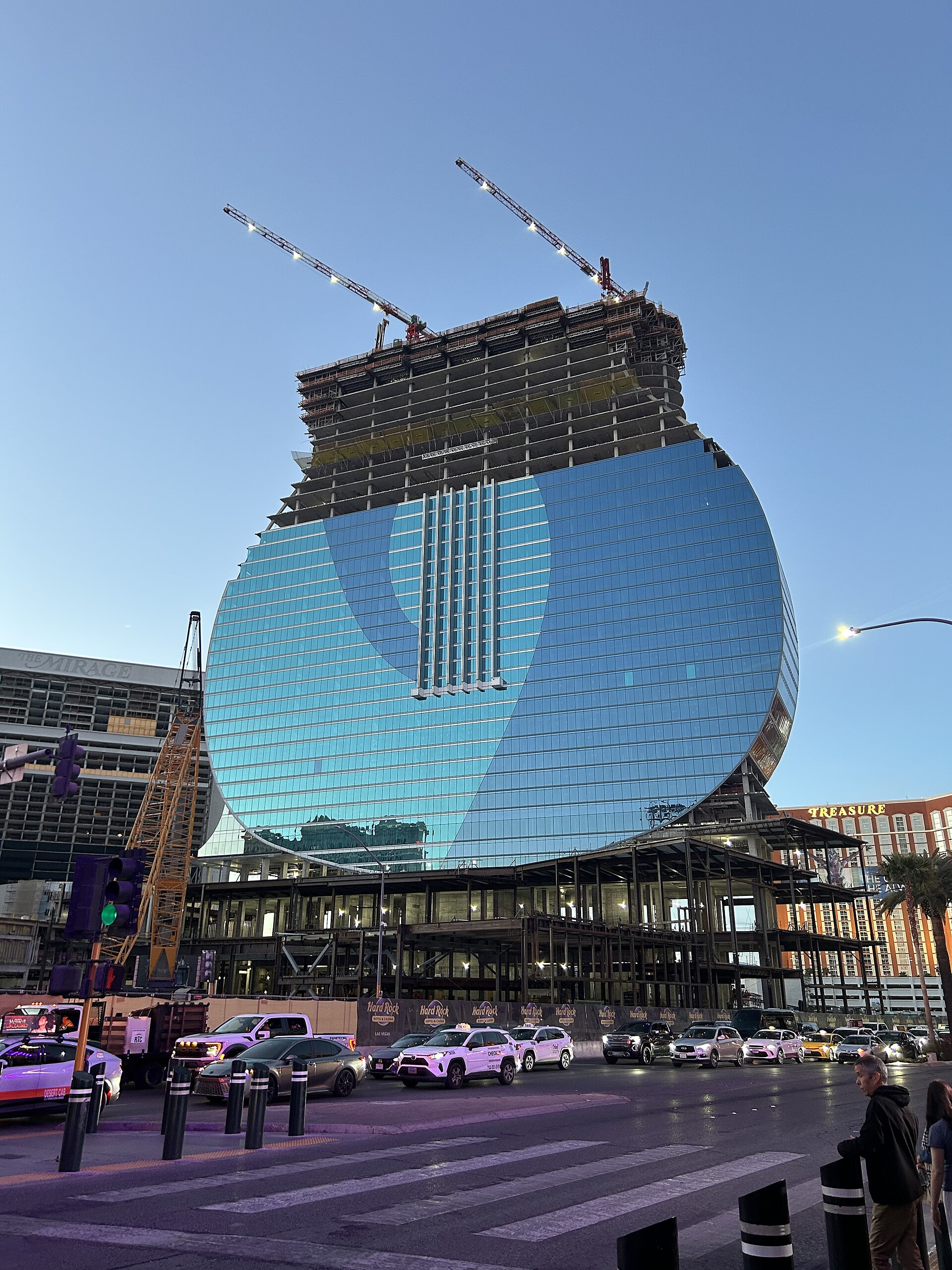 The Hard Rock Las Vegas guitar-shaped tower under construction on the Las Vegas Strip