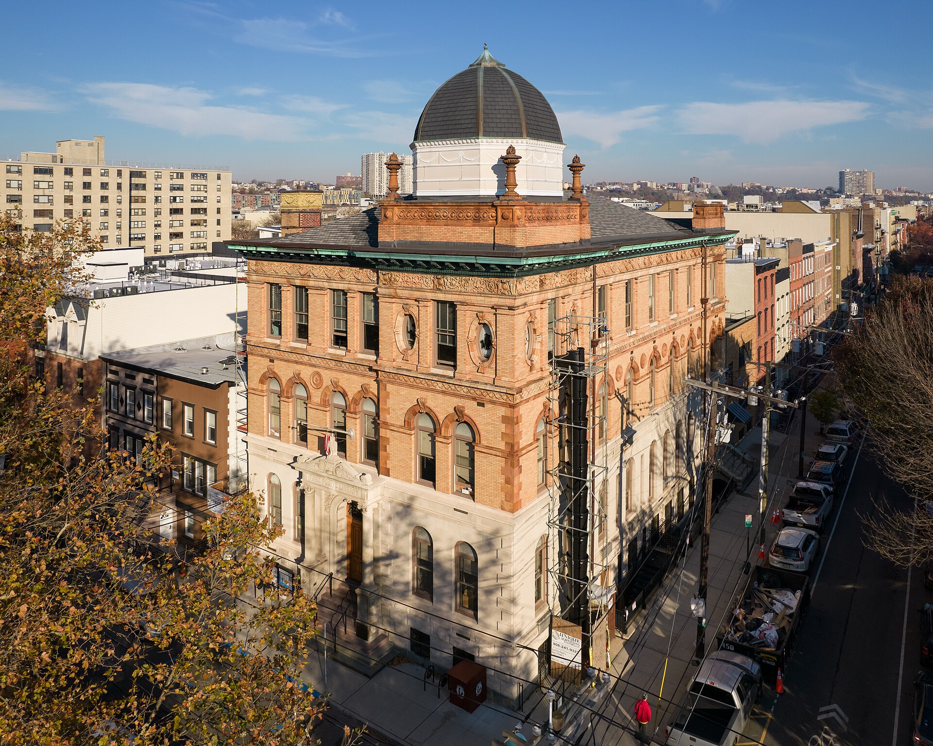 The 1897 Hoboken Public Library main branch with its domed corner tower on Park Avenue