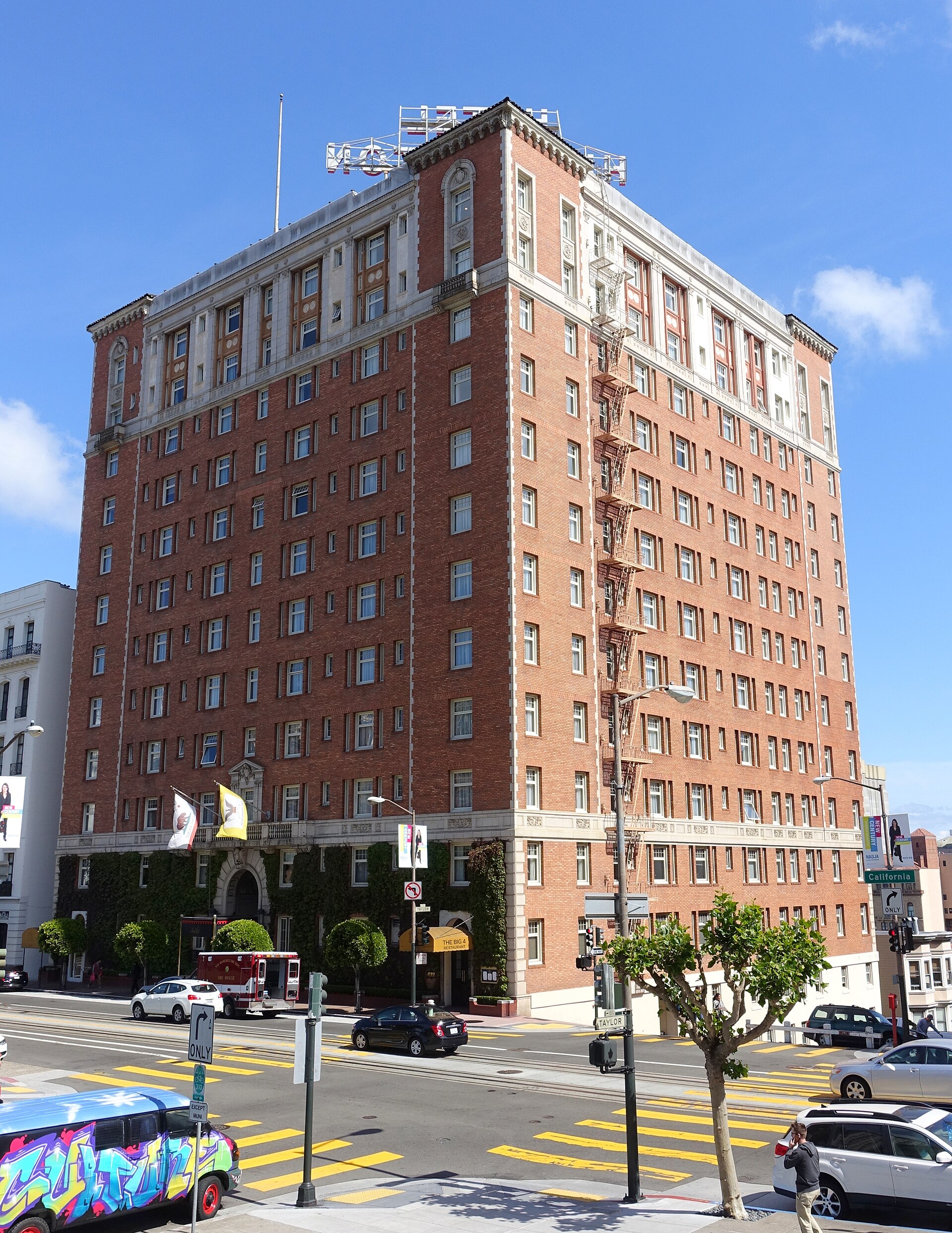 Brick facade of the Huntington Hotel on California Street atop Nob Hill, San Francisco