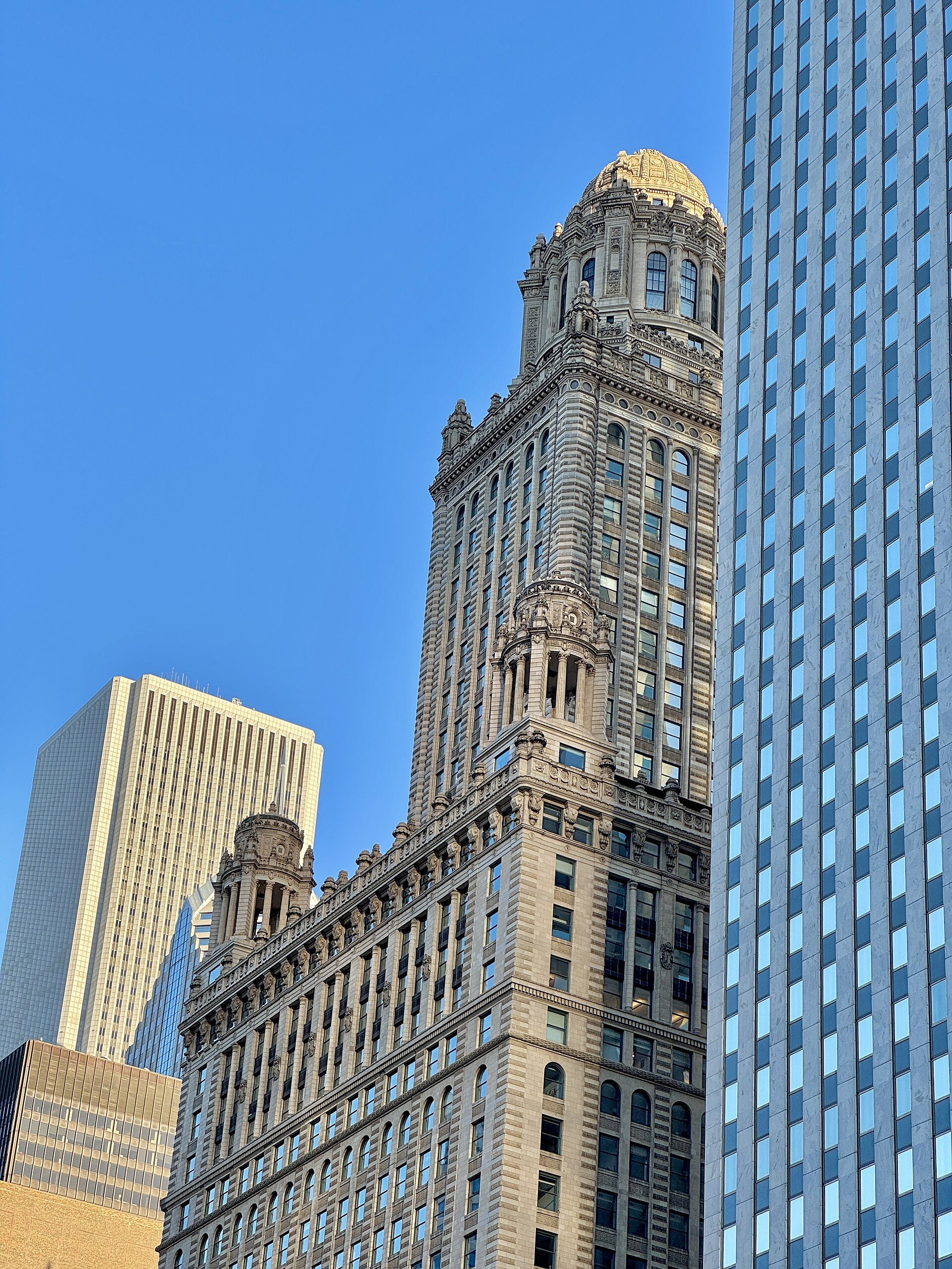 The Beaux-Arts terra-cotta shaft and gilded domed tower of the Jewelers Building at 35 East Wacker Drive in Chicago