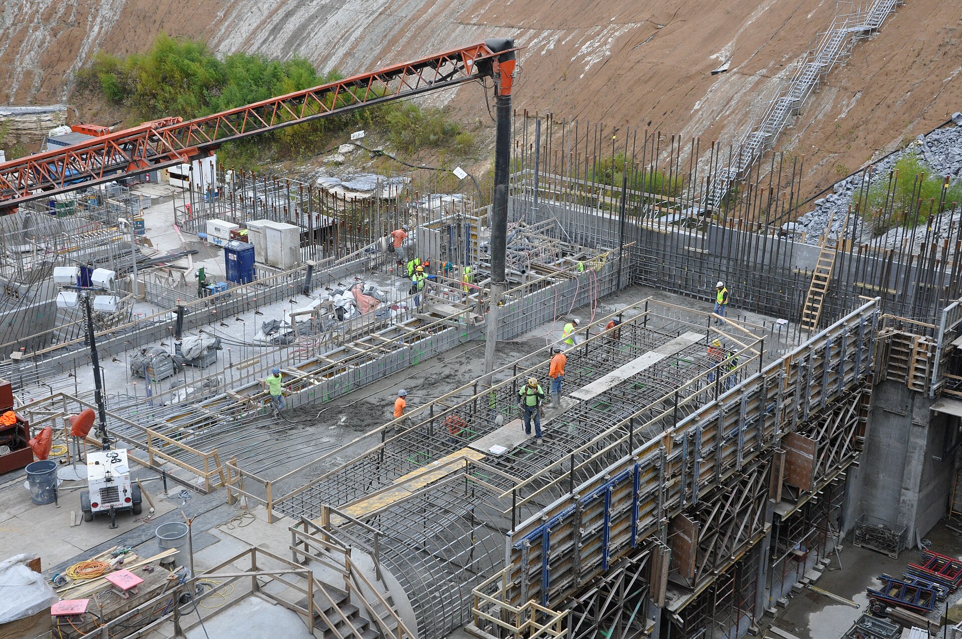 Rebar cages and formwork for lock monoliths under construction beside Kentucky Dam