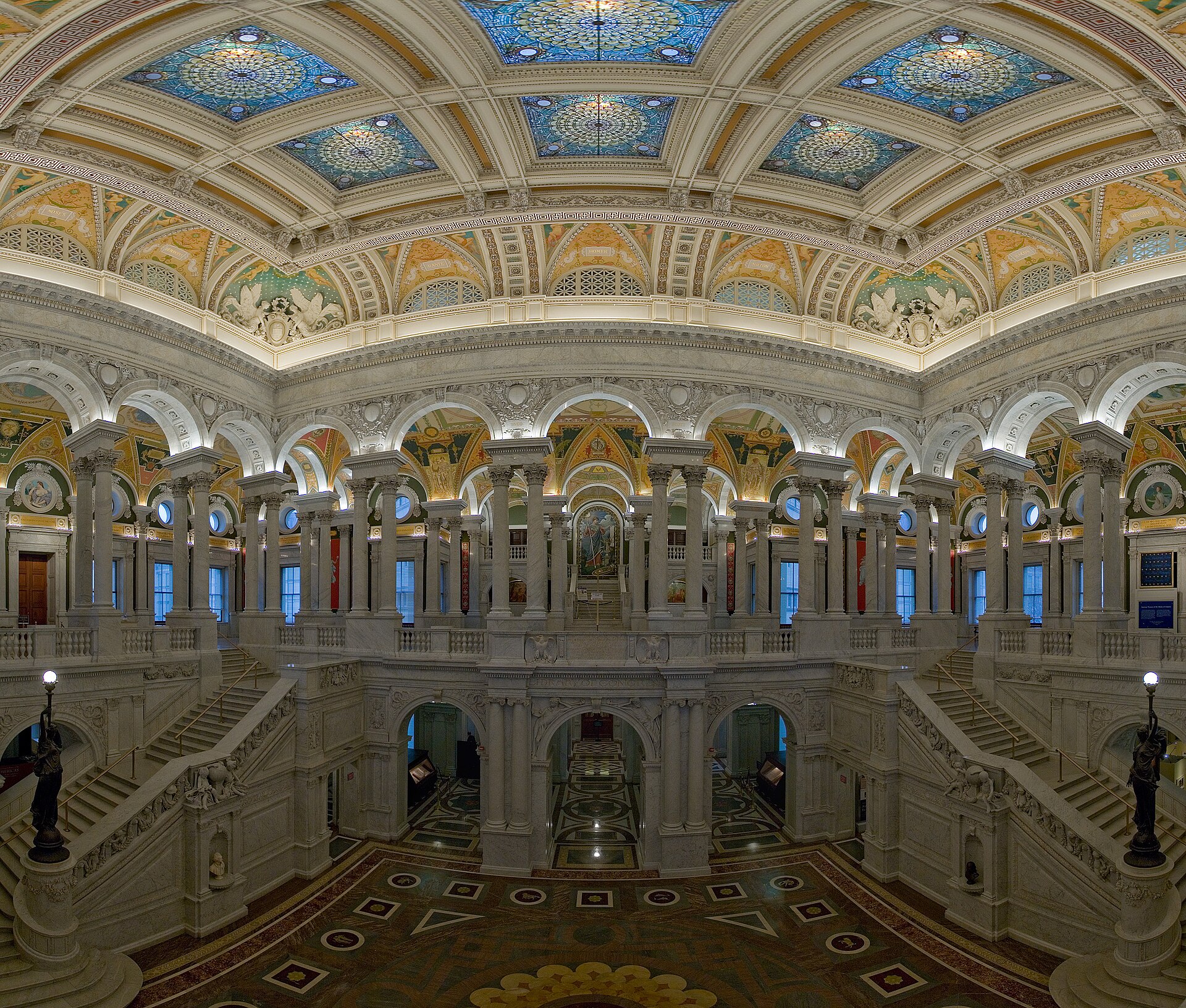 The Great Hall of the Thomas Jefferson Building with its grand staircase and vaulted ceiling