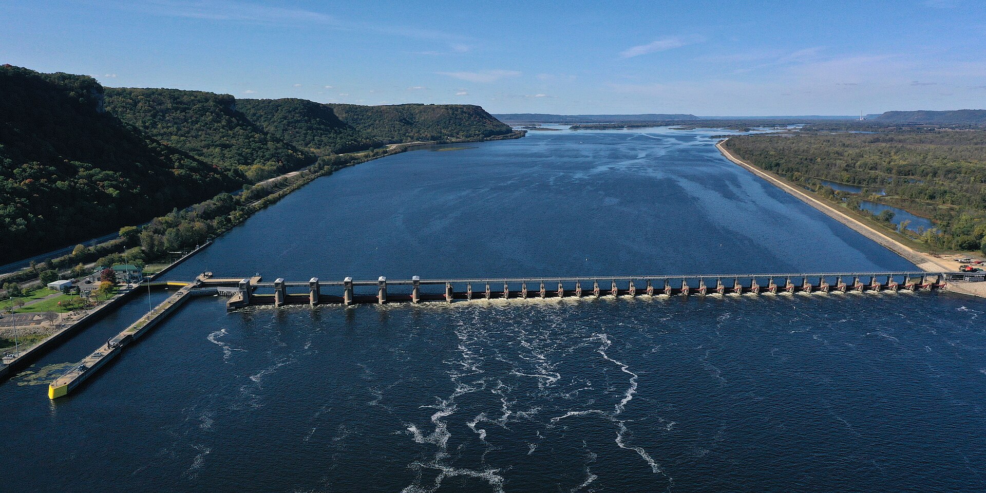 Aerial view of Lock and Dam No. 5 spanning the Mississippi River near Winona, Minnesota