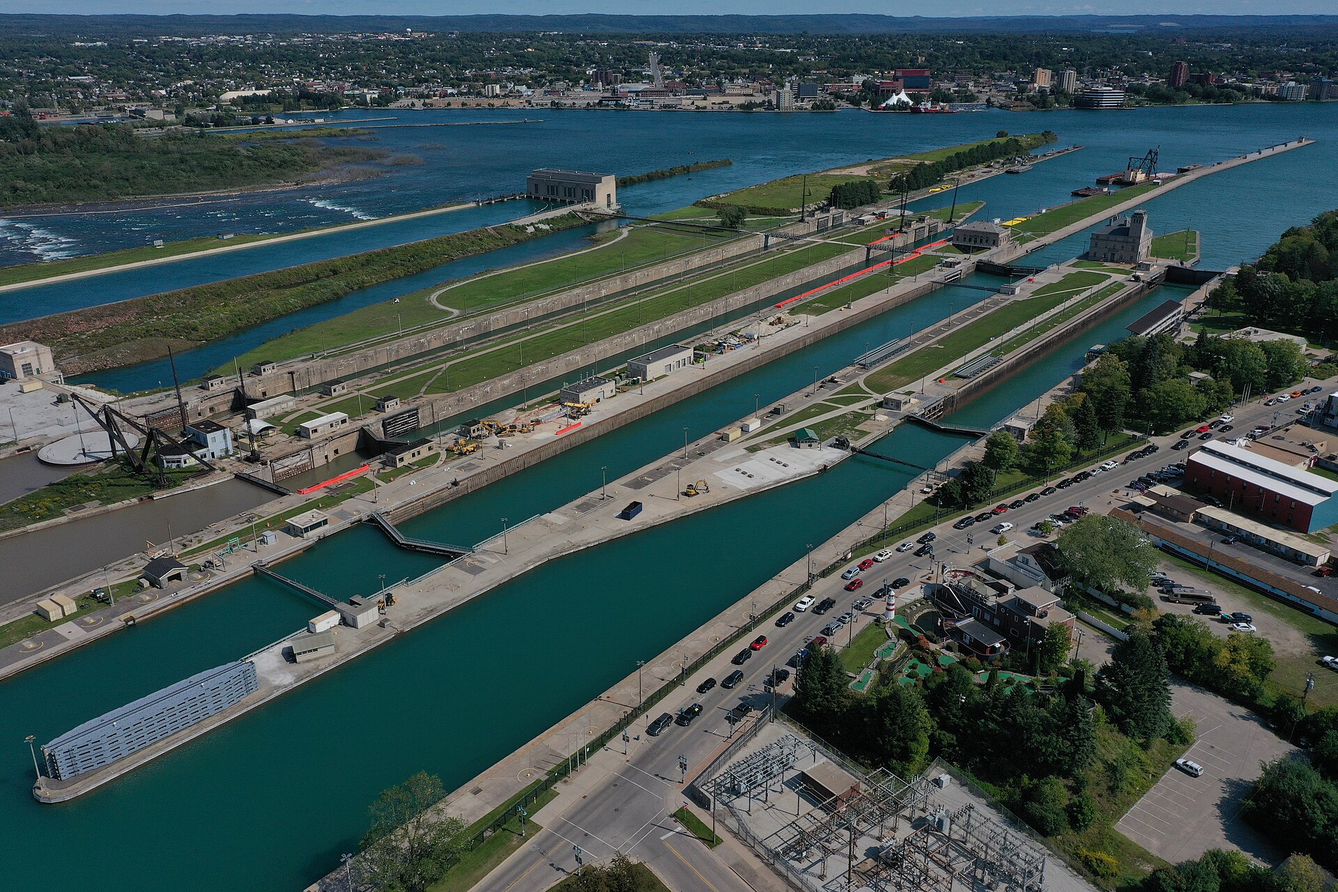 The Soo Locks complex at Sault Ste. Marie, Michigan, where the new Poe-class lock chamber is being built
