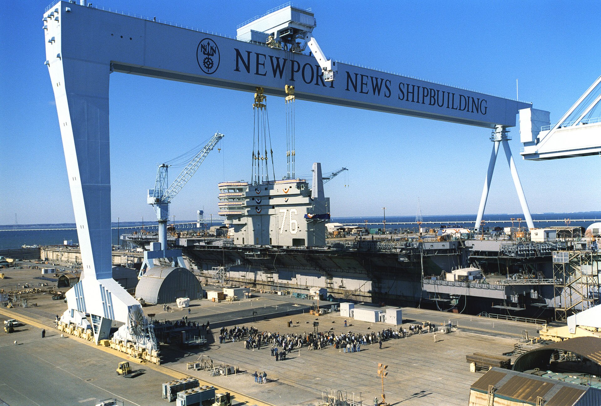 Gantry crane over an aircraft carrier under construction at Newport News Shipbuilding, Virginia