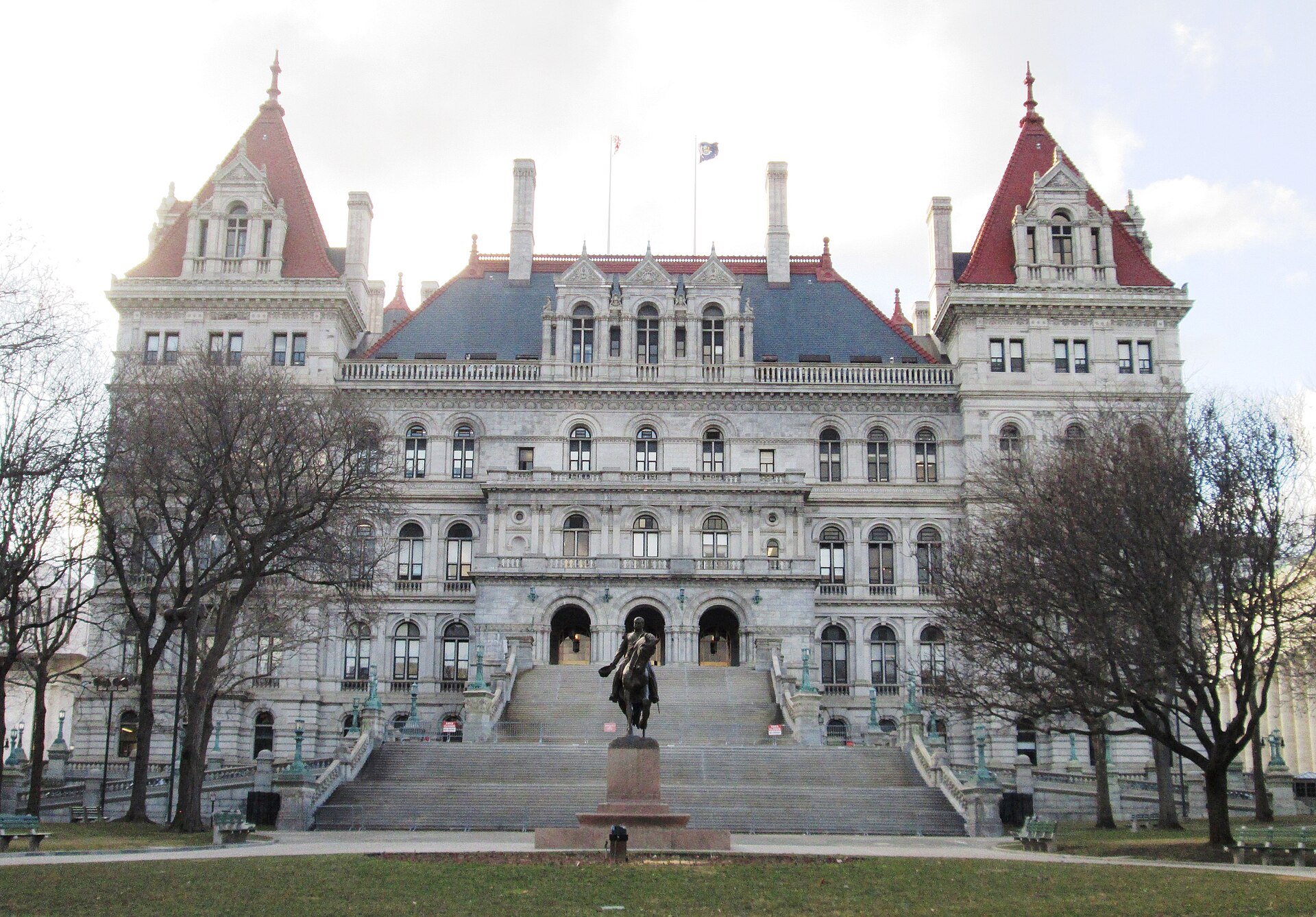 Southeast facade and monumental exterior staircase of the New York State Capitol in Albany