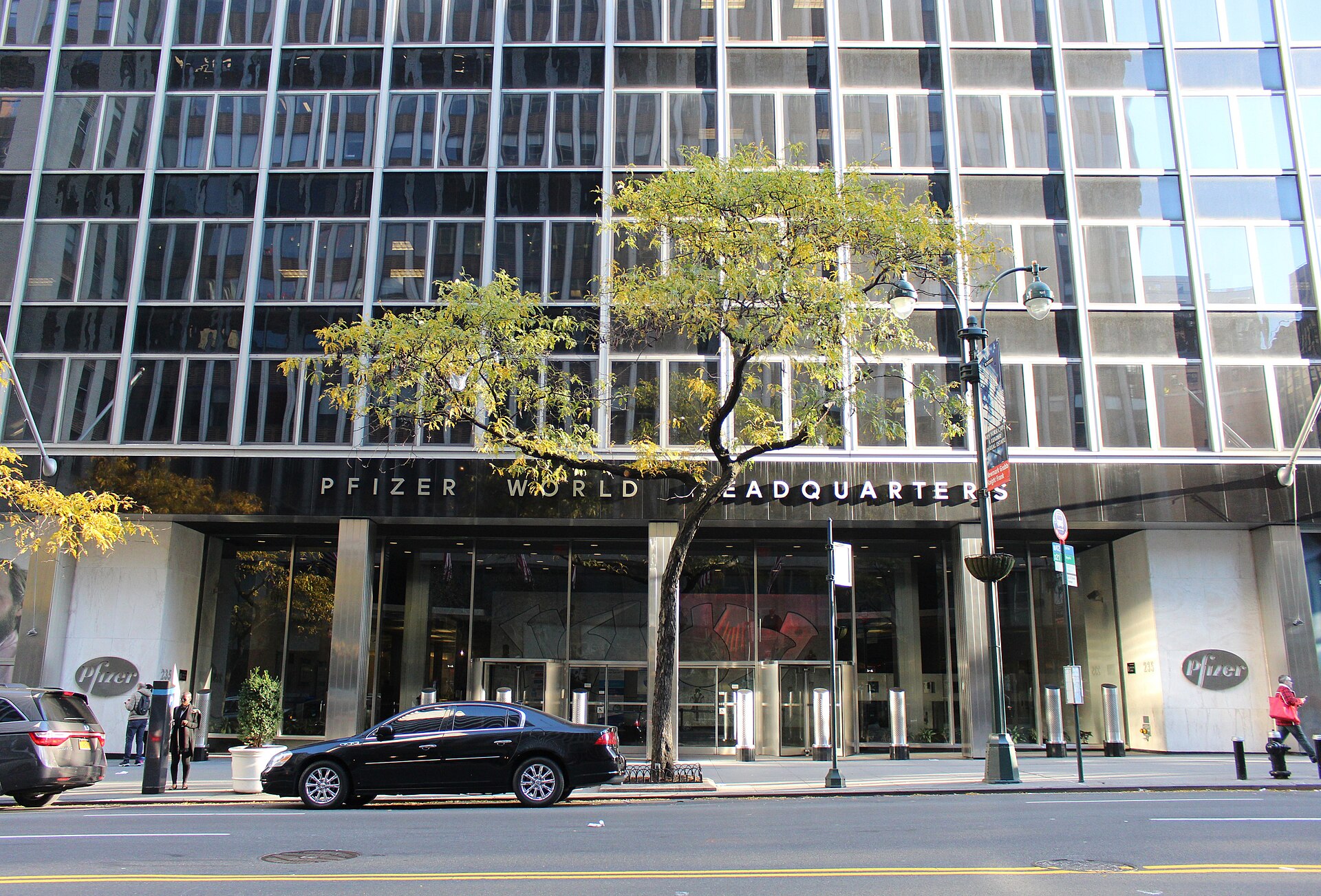 Entrance to the former Pfizer world headquarters at 235 East 42nd Street in Manhattan
