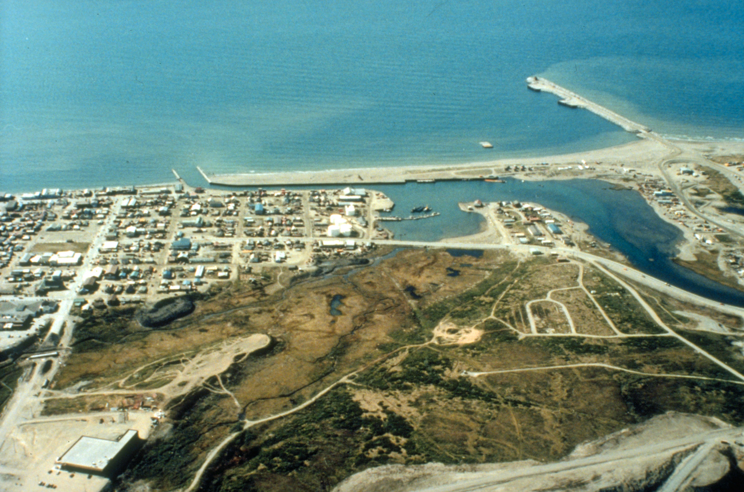 Aerial view of Nome, Alaska and its waterfront on the Bering Sea