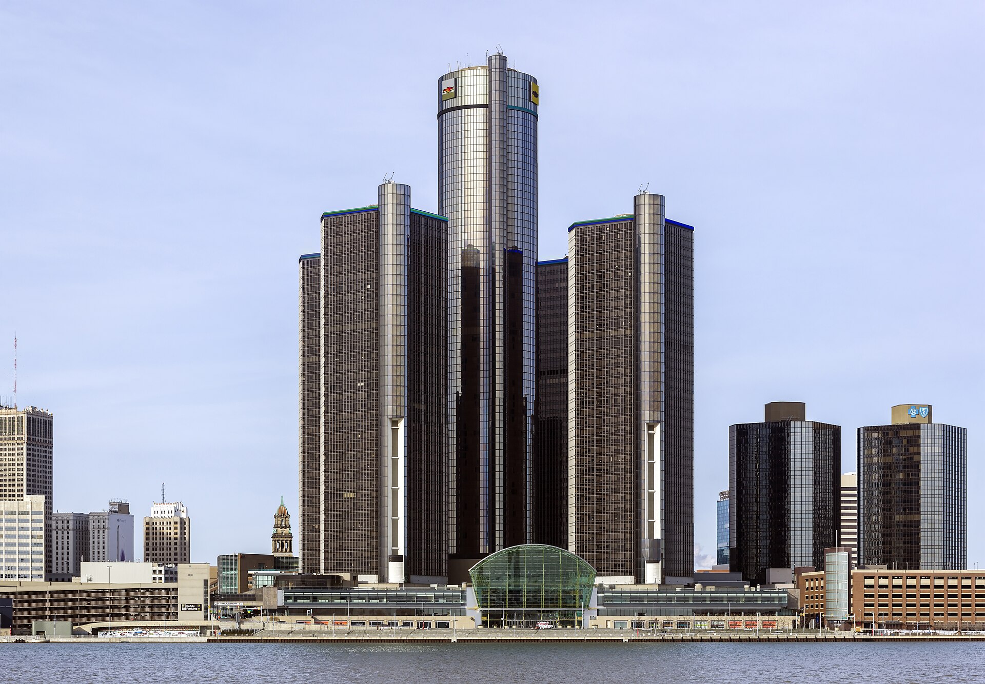 The Renaissance Center complex on the Detroit riverfront viewed from the south