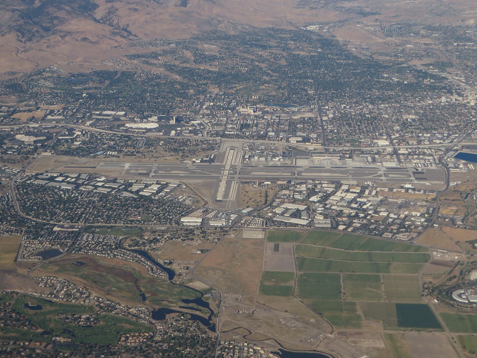 Aerial view of Reno-Tahoe International Airport with its runways and terminal area, Reno, Nevada