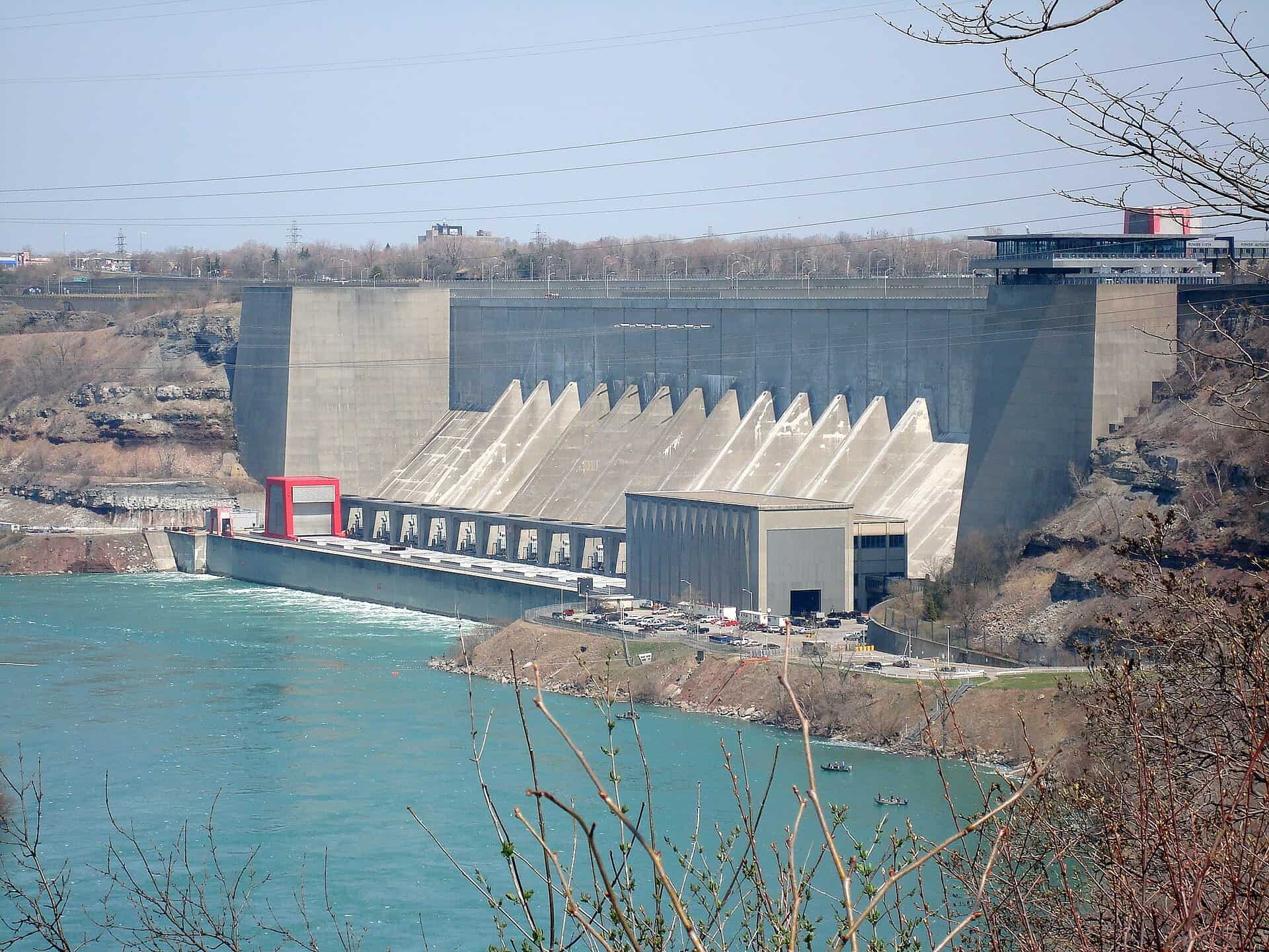The Robert Moses Niagara Power Plant powerhouse and intake structures on the Niagara River at Lewiston, New York