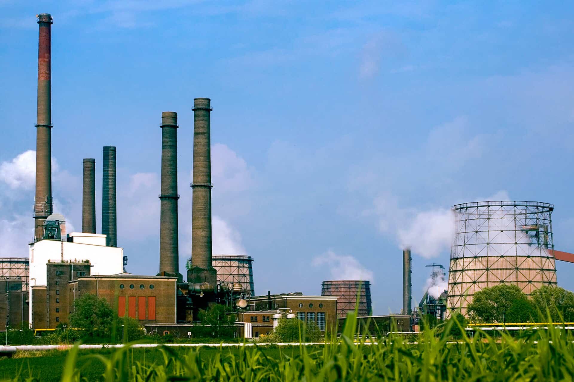The Salzgitter Flachstahl integrated steelworks with its chimneys and gas holder in Lower Saxony